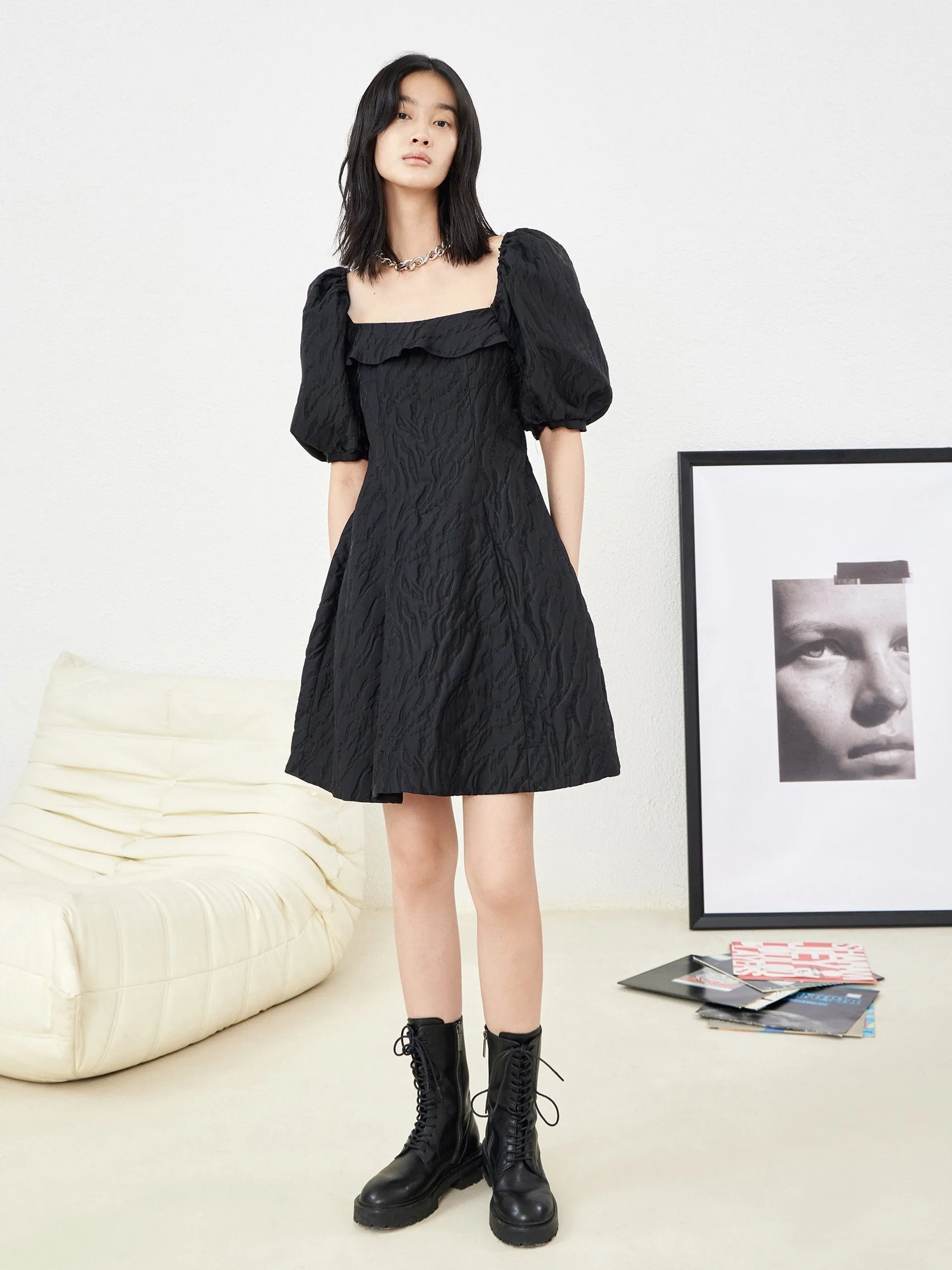 Ruffle Neck Puff Sleeve Dress Modern Silhouette Winter Layering