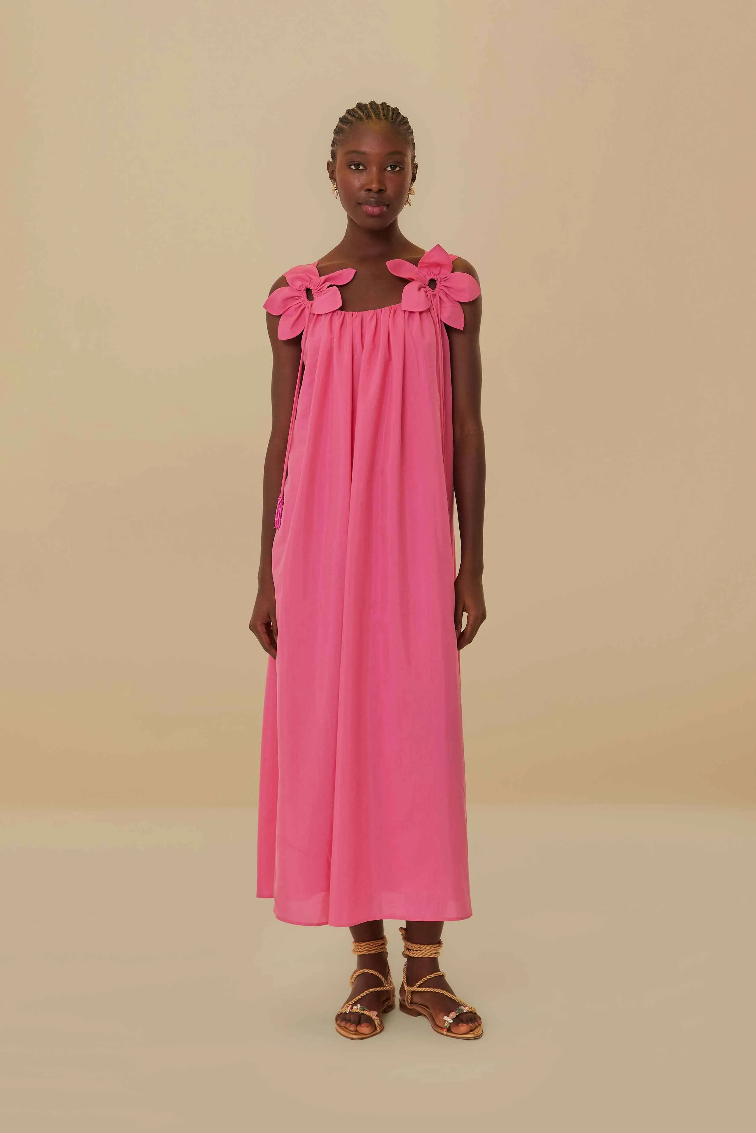 Stylish Appearance Pink Floral Details Sleeveless Midi Dress