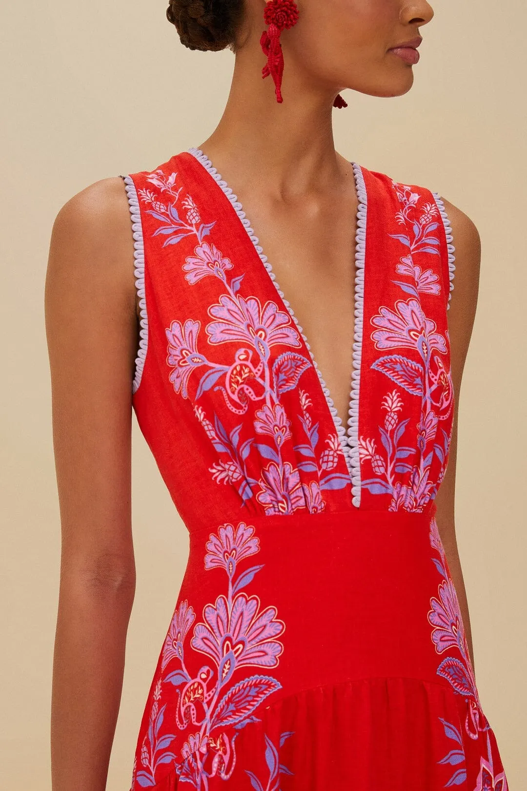 Rain Path Style Versatile Red Porcelain Garden Euroflax? Premium Linen Midi Dress