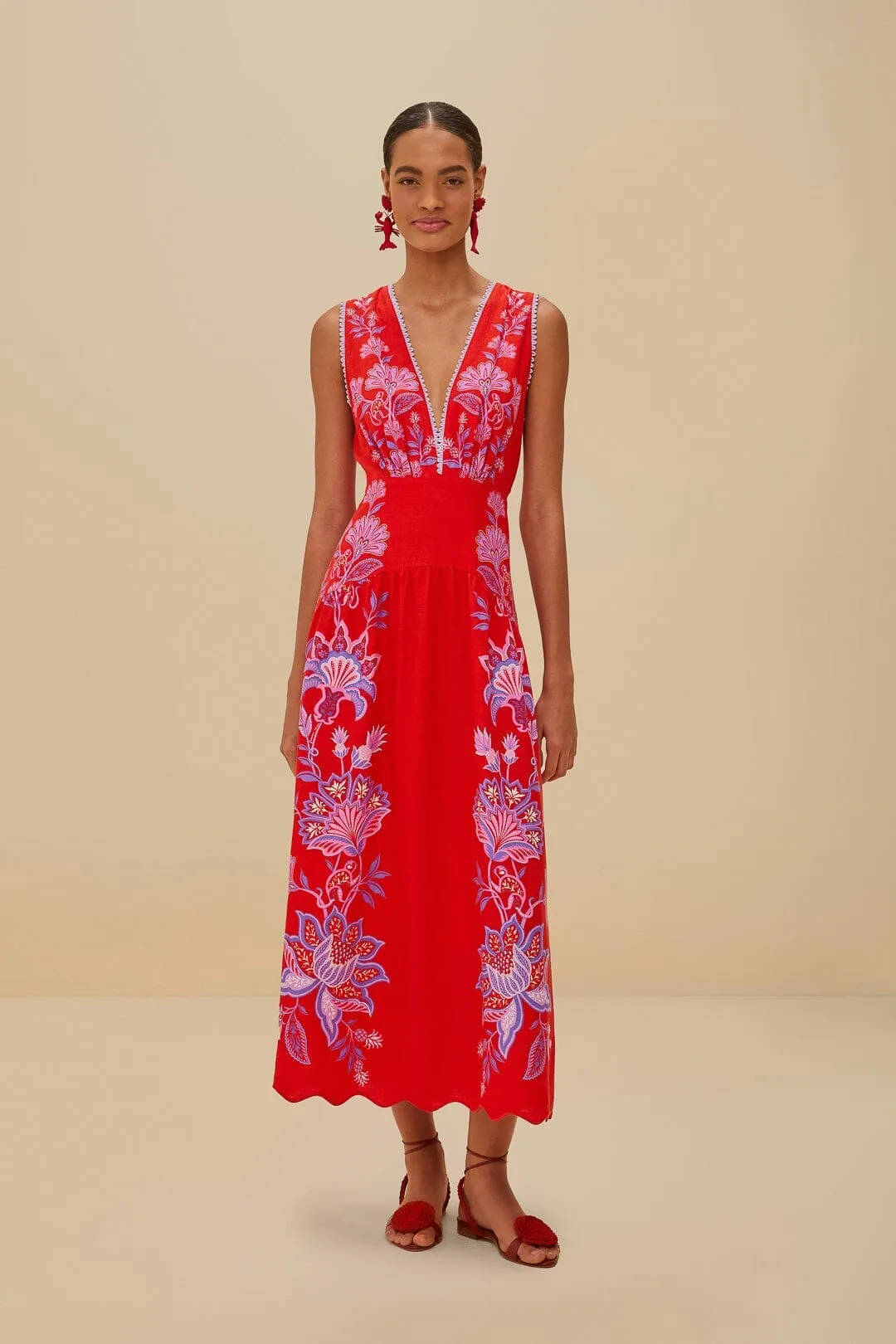 Trendy Wear Vibrant summer dress Red Porcelain Garden Euroflax? Premium Linen Midi Dress