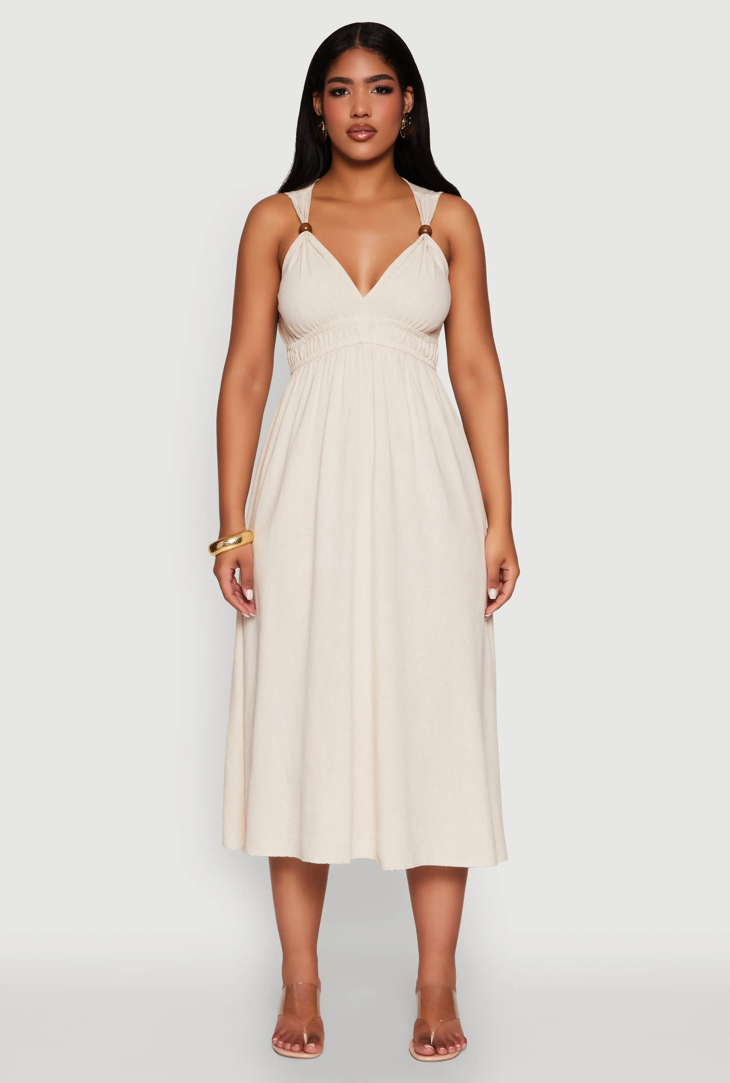 The flattering design of this dress ensures it enhances your shape while providing comfort Haute Monde Linen Wood Beaded Strap Sundress