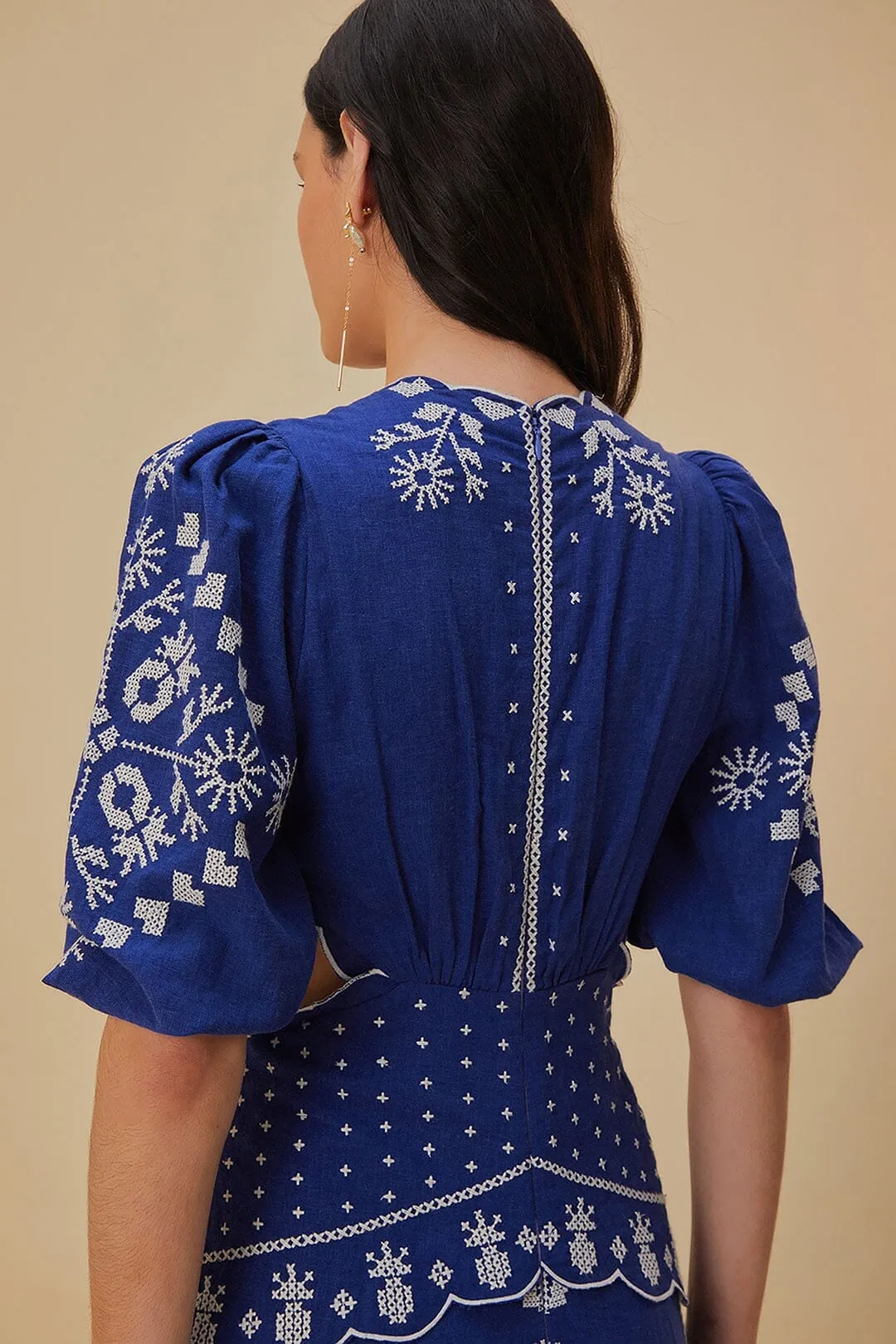 Glam Lady Navy Blue Embroidered Cut-Out Midi Dress
