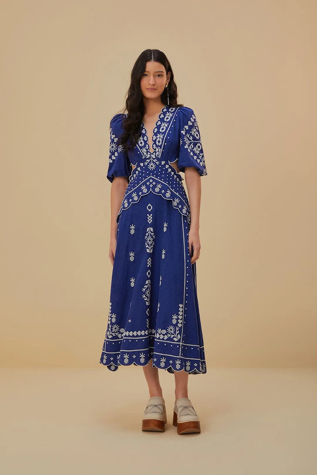 Lake Park Pack Friendly Navy Blue Embroidered Cut-Out Midi Dress