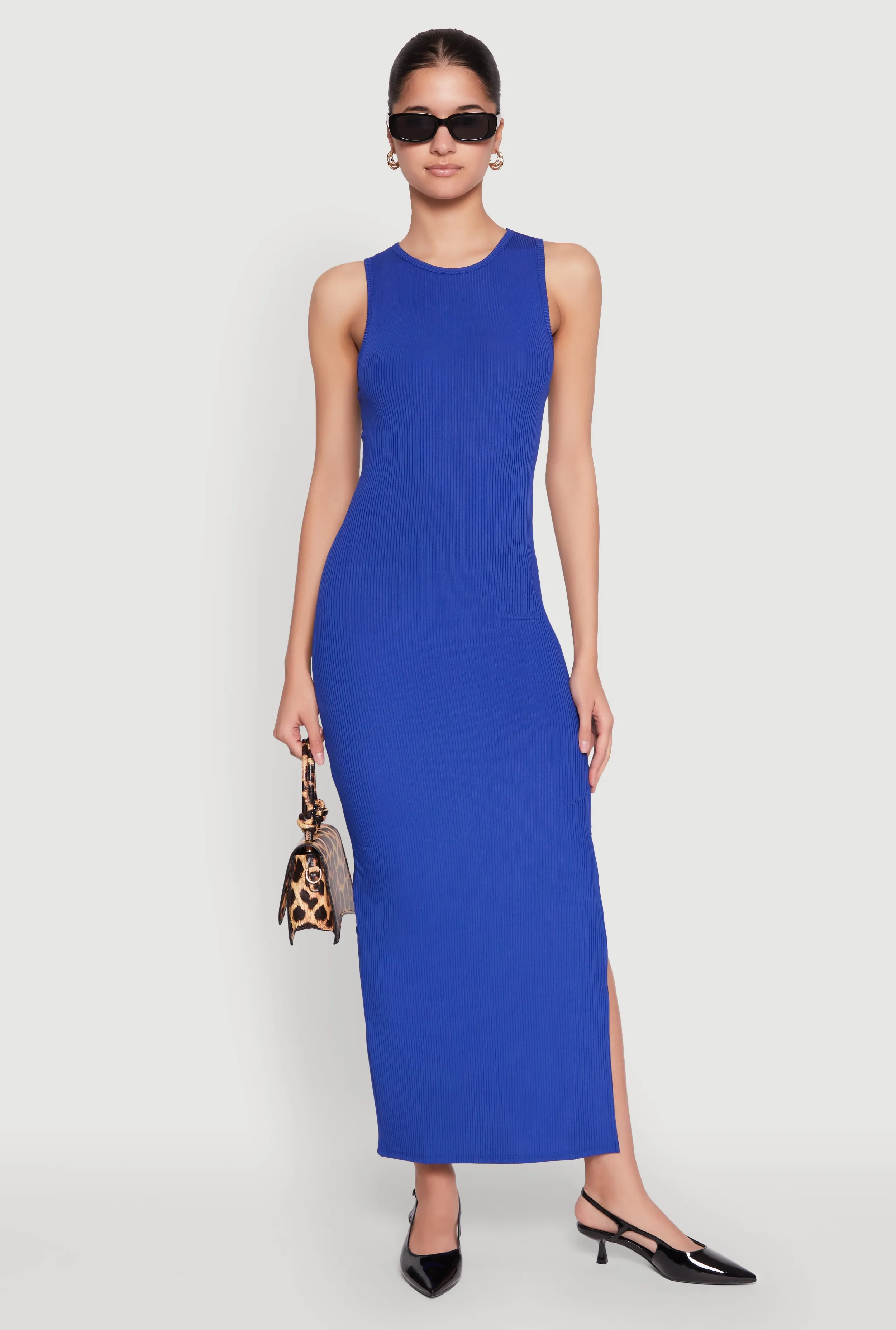 Crew Neck Rib Knit Side Slit Maxi Dress Sand Shore Elegant dress for evening