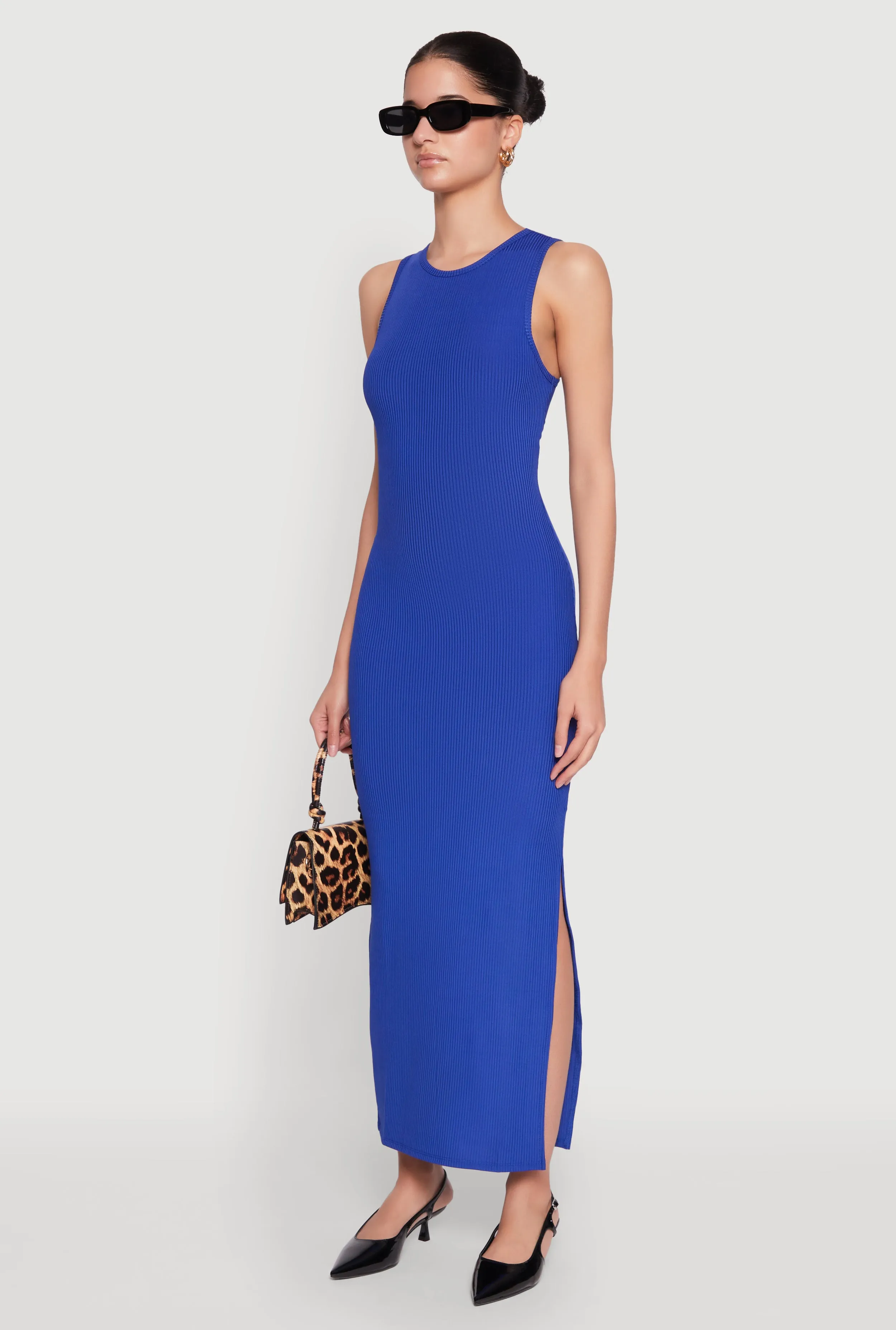 Crew Neck Rib Knit Side Slit Maxi Dress Moonlit Shore