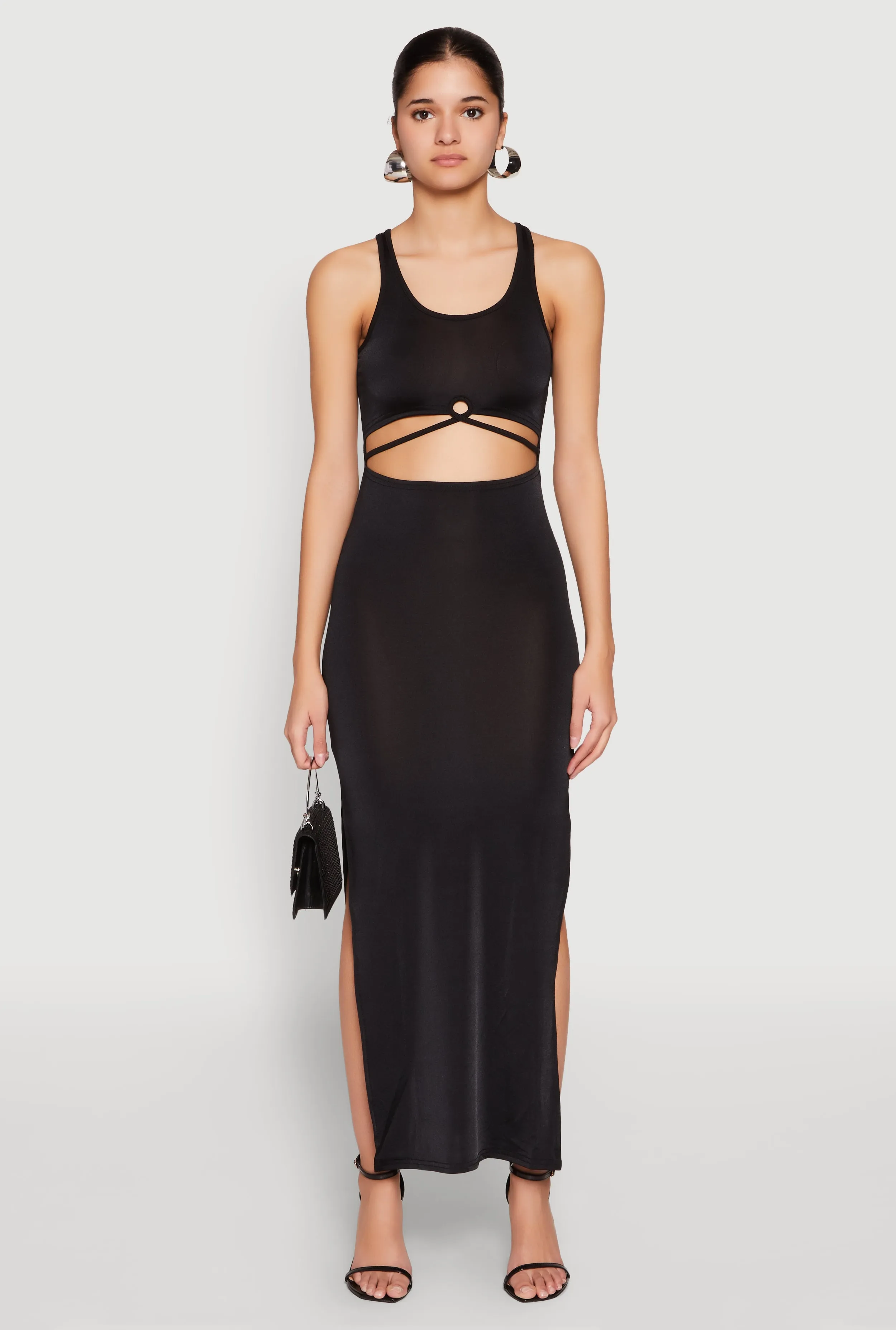 Cut Out Front Side Slit Maxi Dress Cap Sleeve