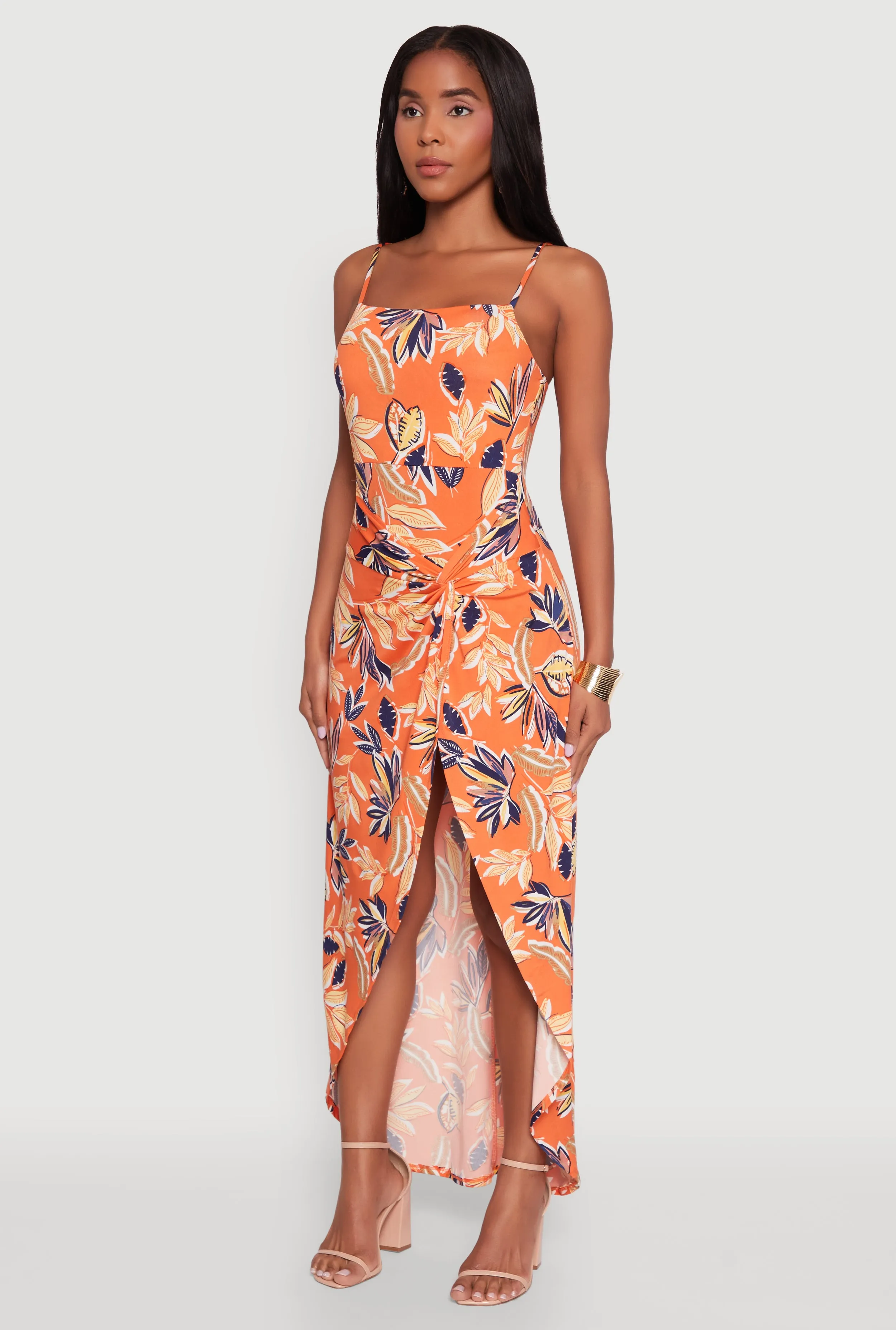 Haute Monde Sleeveless Square Neck Floral High Low Maxi Dress The long length of this dress creates a graceful appearance that is perfect for any occasion Field Walk