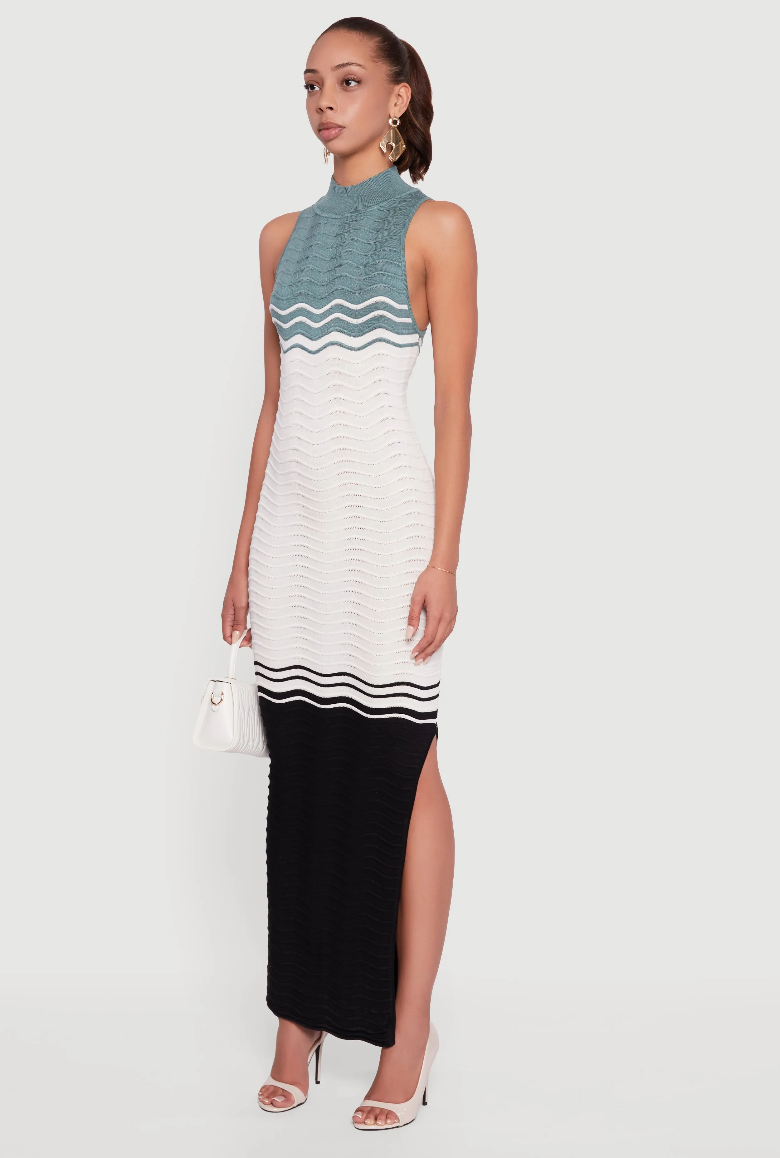 Stripe Flow Tiered Skirt Color Blocked Wavy Stripe Side Slit Maxi Dress