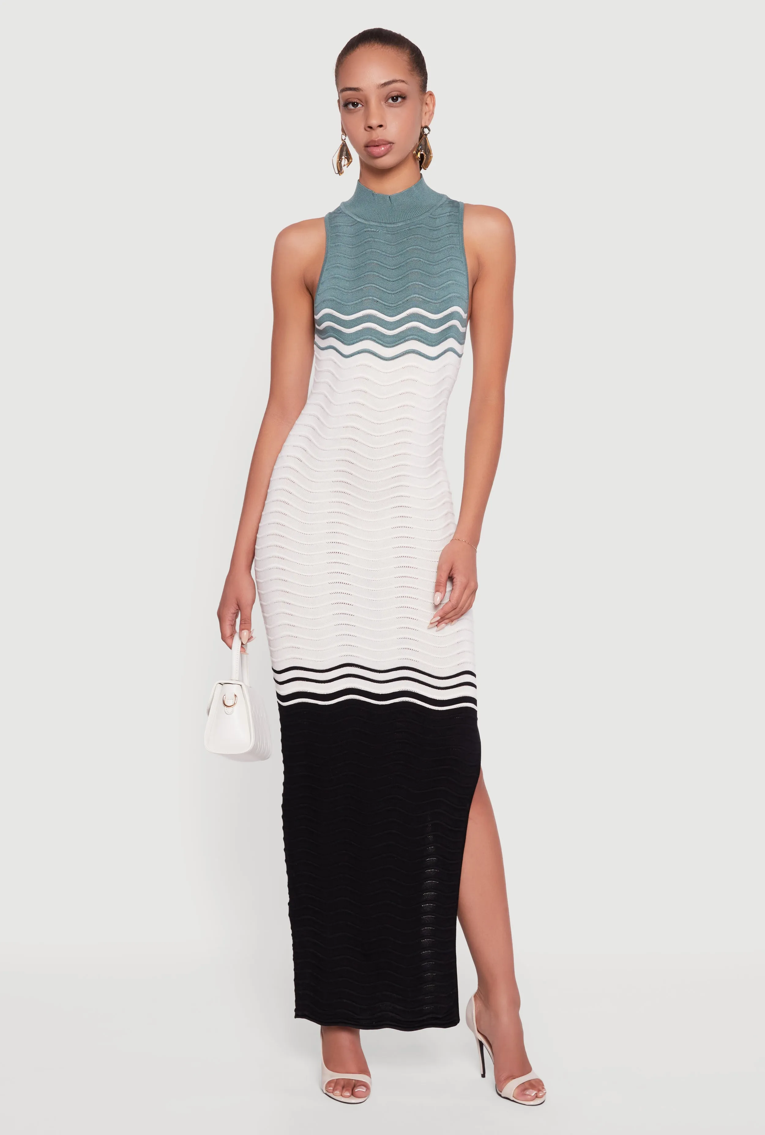 With its timeless design this dress is perfect for any season and any setting Color Blocked Wavy Stripe Side Slit Maxi Dress