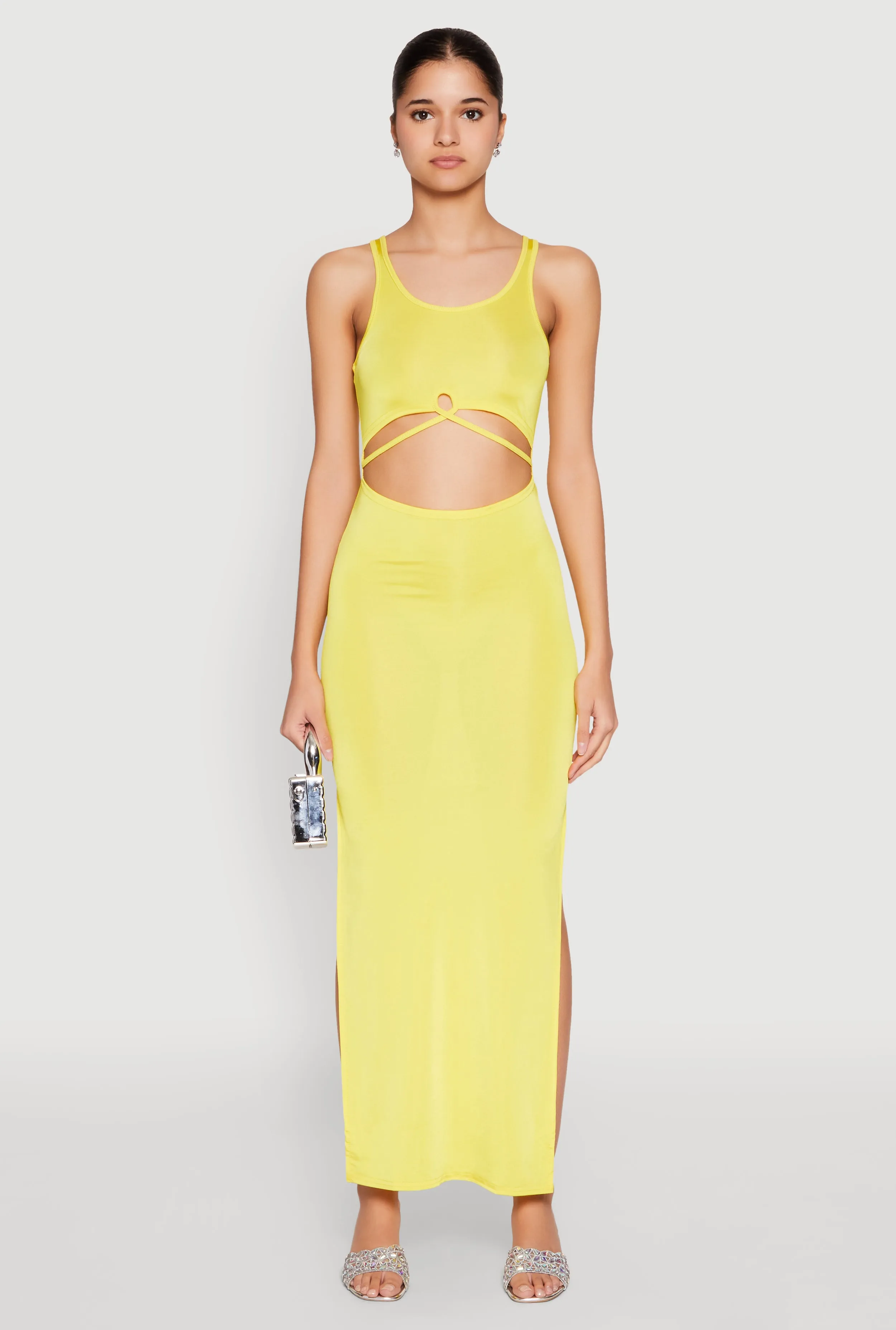 Print Allover Cut Out Front Side Slit Maxi Dress