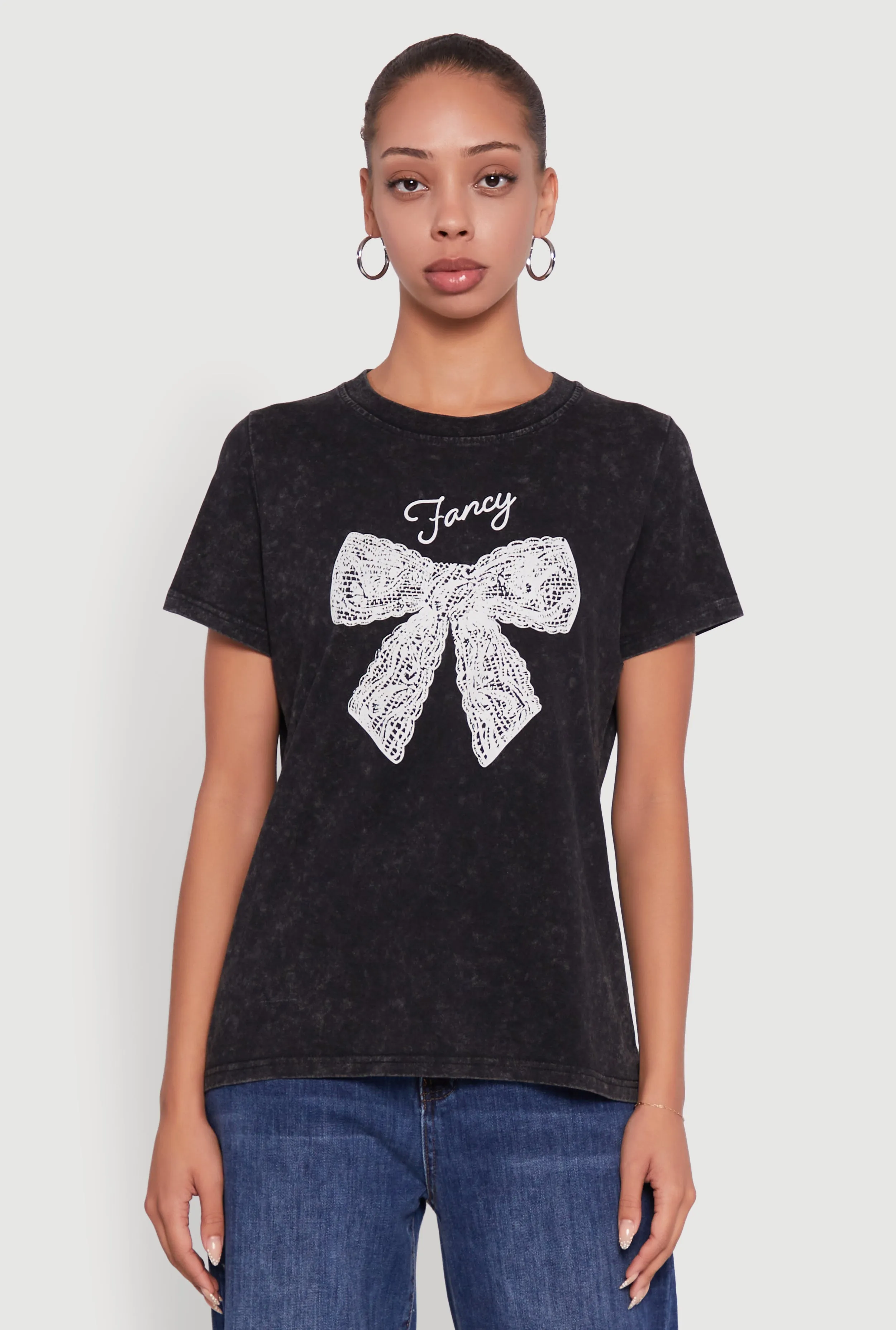 Acid Wash Fancy Bow Graphic Tee Non Fading Material