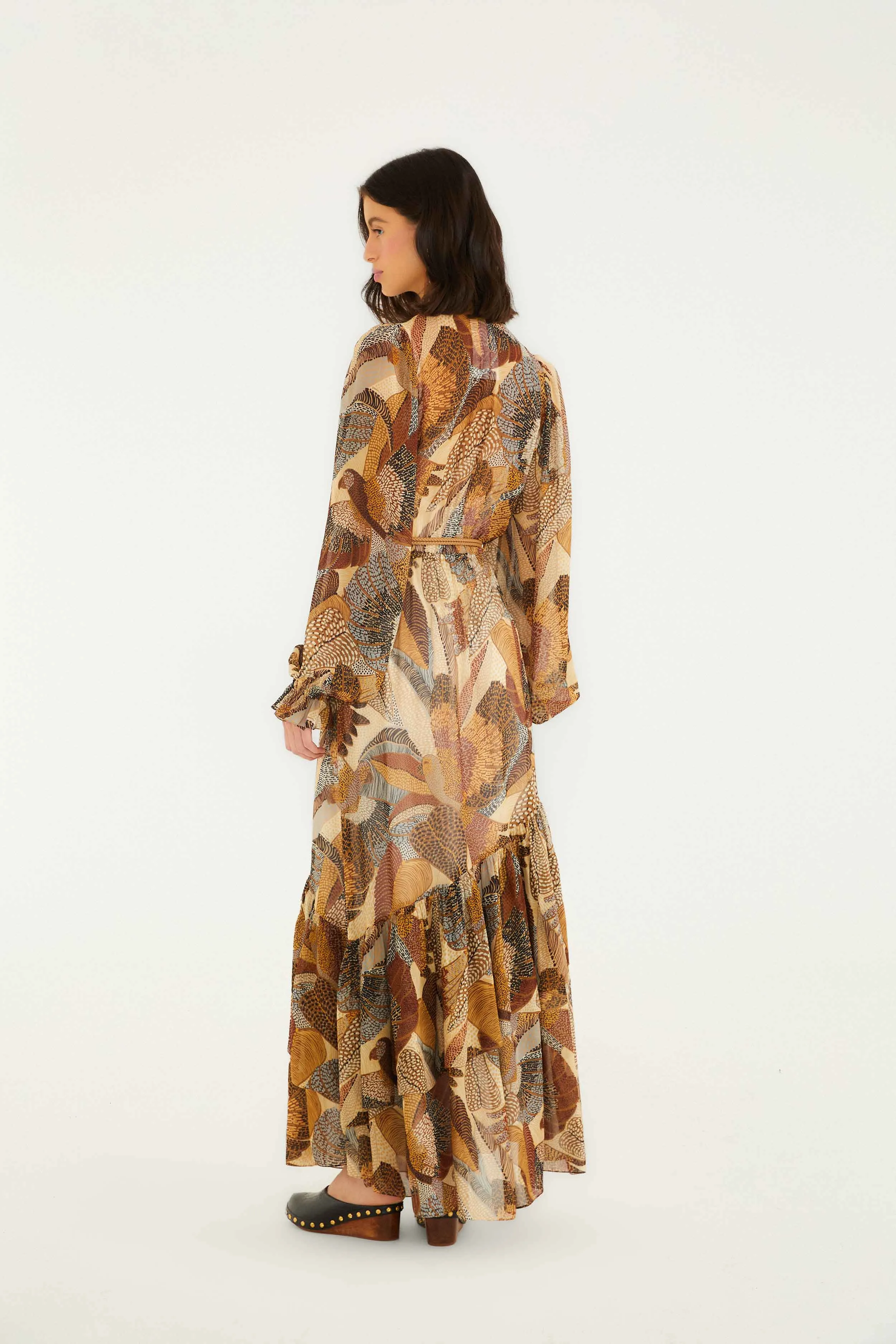Cream Dotted Macaws Long Sleeve Maxi Dress Knot Glow Stream Path