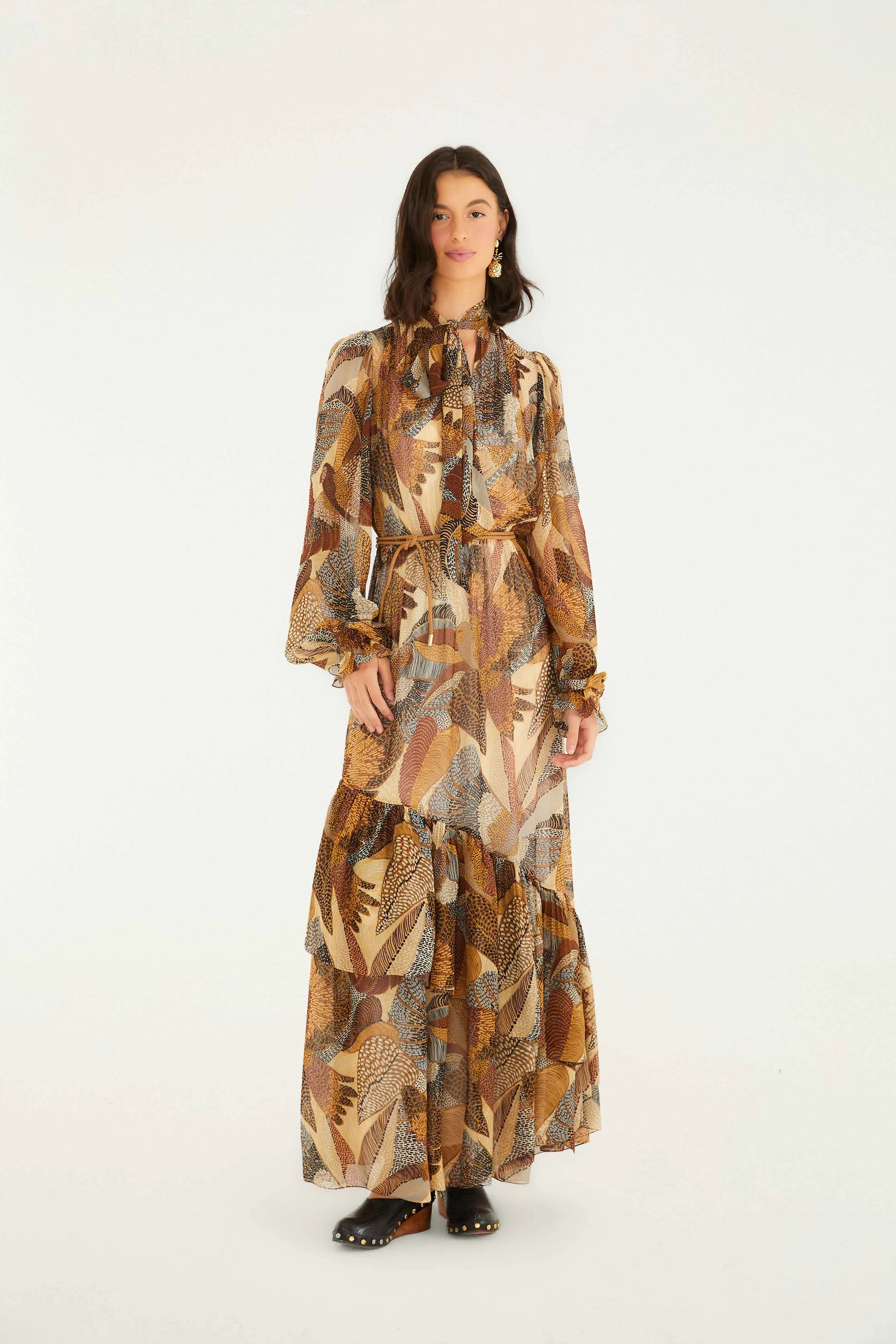holiday vibe Cherry Bloom Cream Dotted Macaws Long Sleeve Maxi Dress