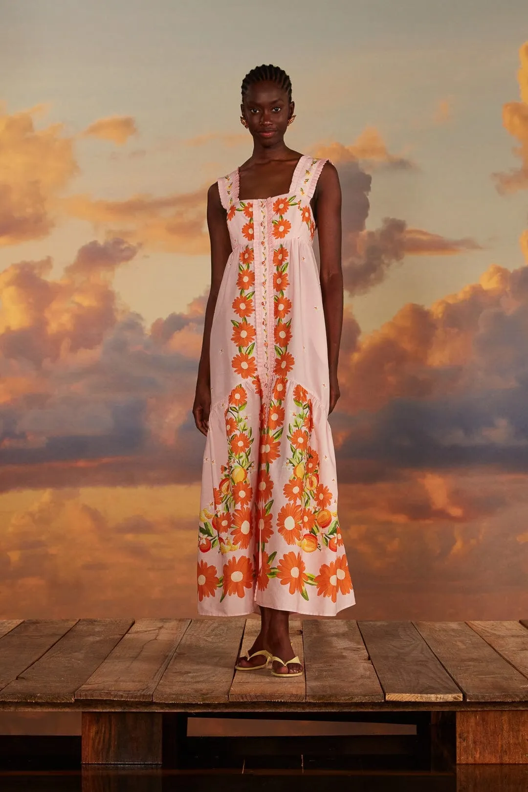 Fur Trim Pink Papaya Salad Maxi Dress