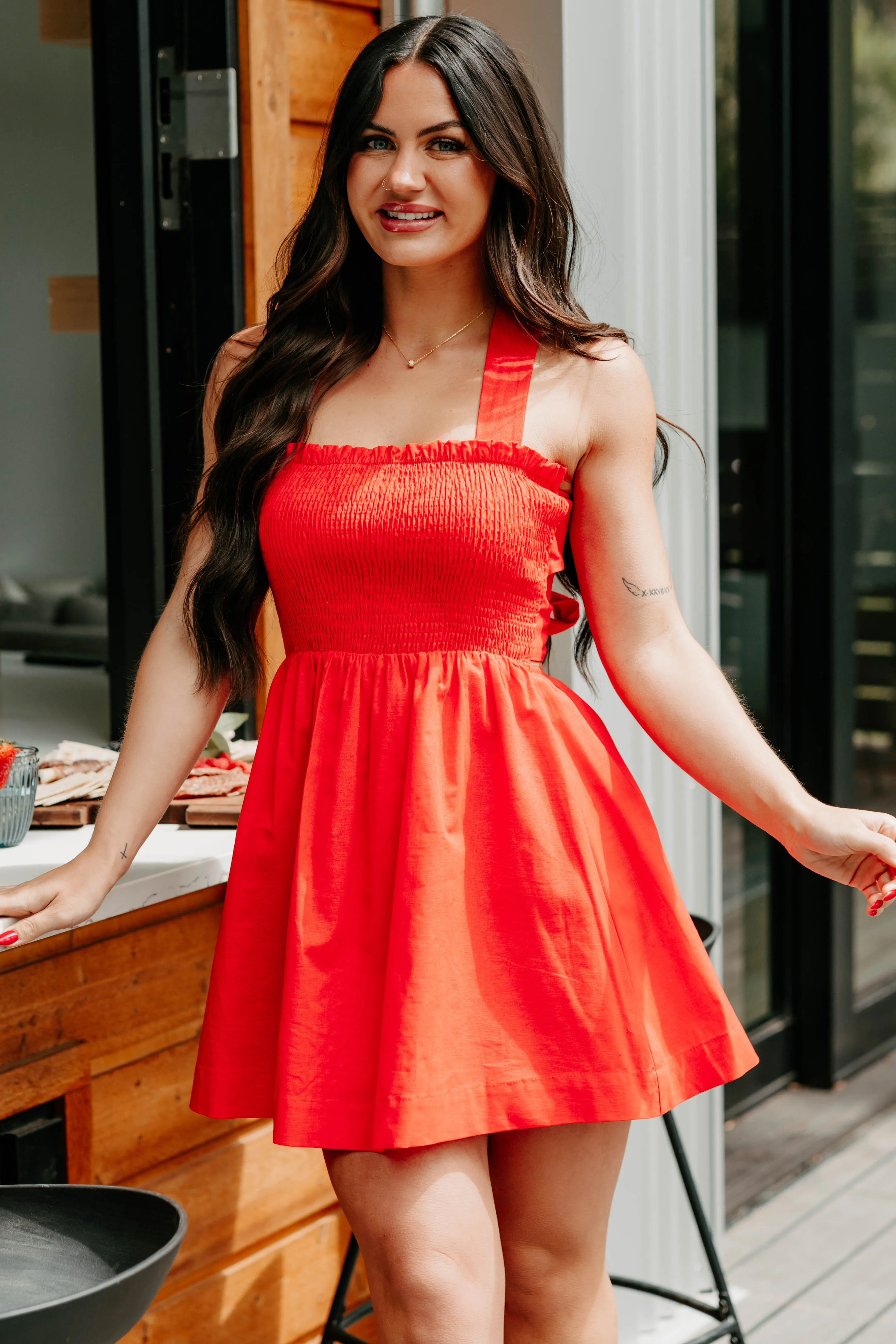 Across The Room Smocked Mini Tie Dress (Tomato) Bar Hopping