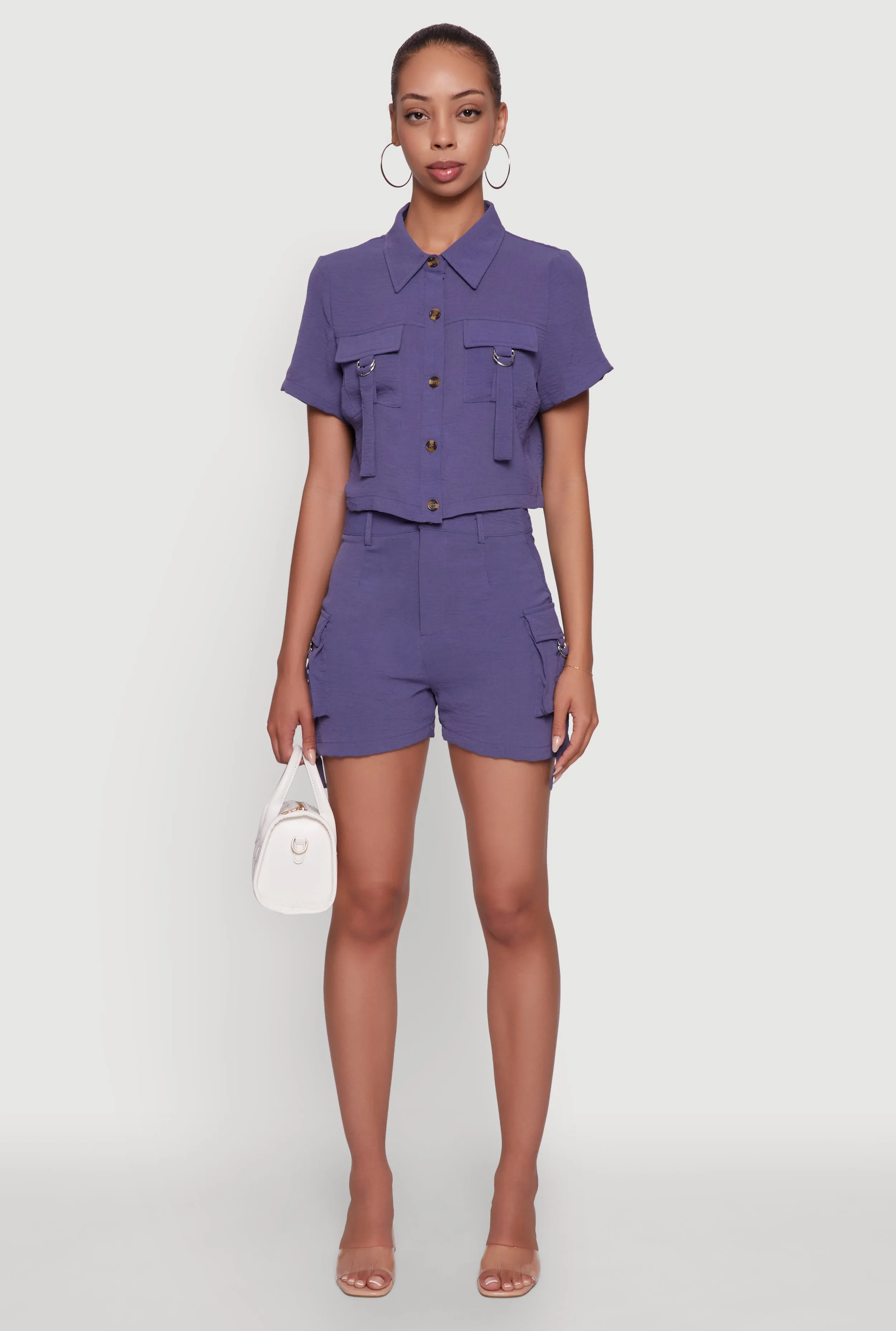 Abrasion Proof Fabric Trendy Crepe Knit High Waisted Cargo Shorts