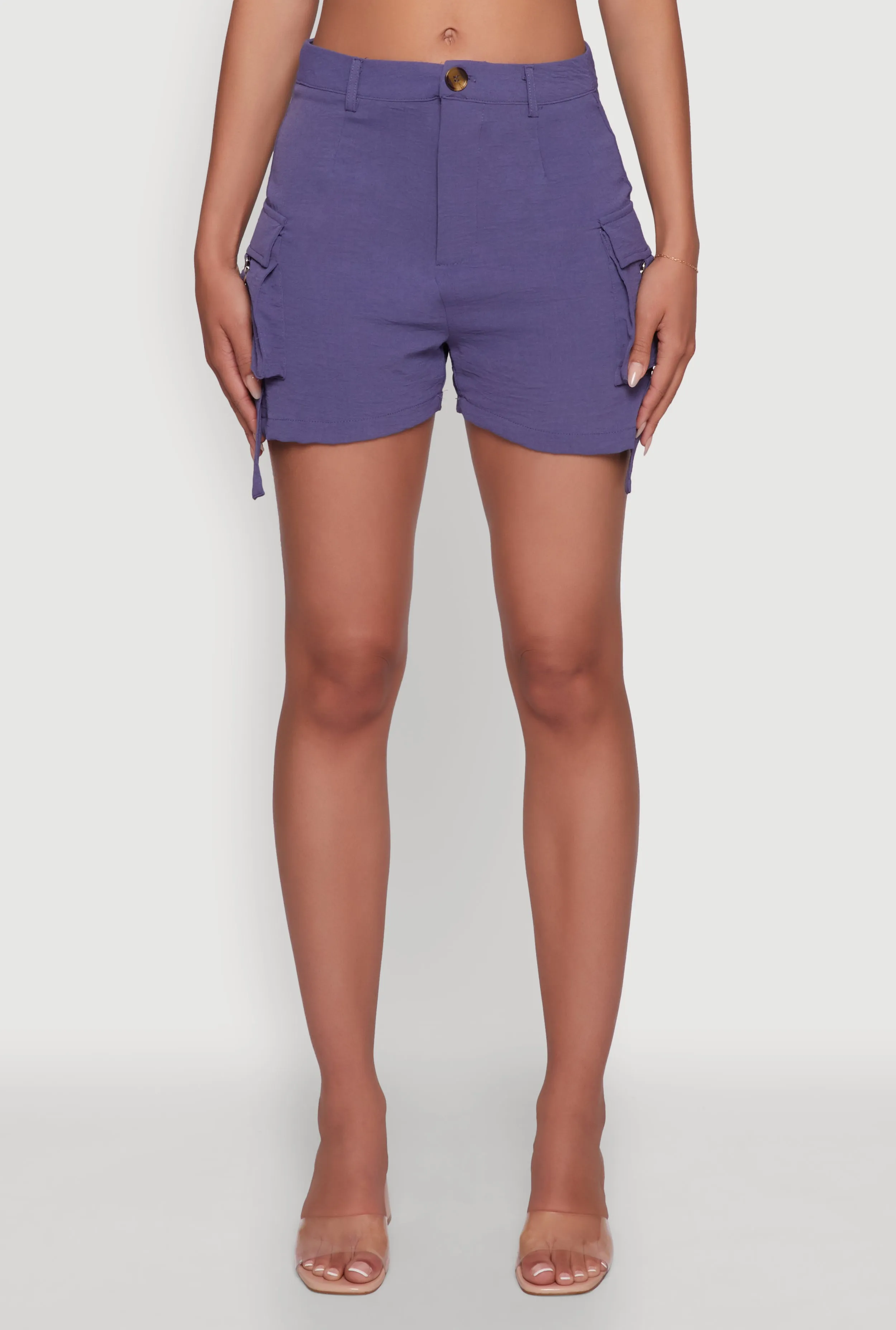 Flatlock Seams Trendy Crepe Knit High Waisted Cargo Shorts
