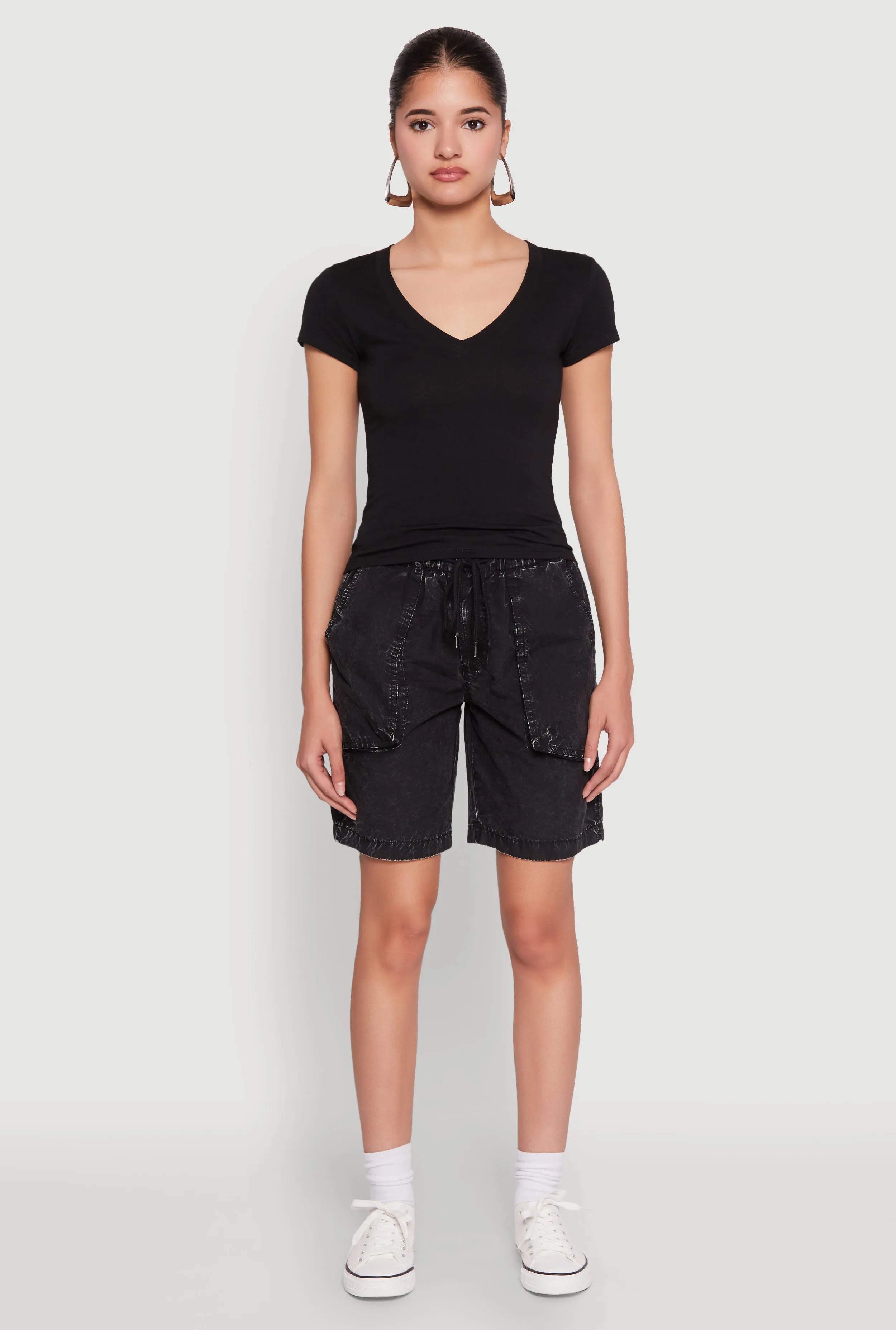 Adjustable Hem V Neck Short Sleeve Basic Tee