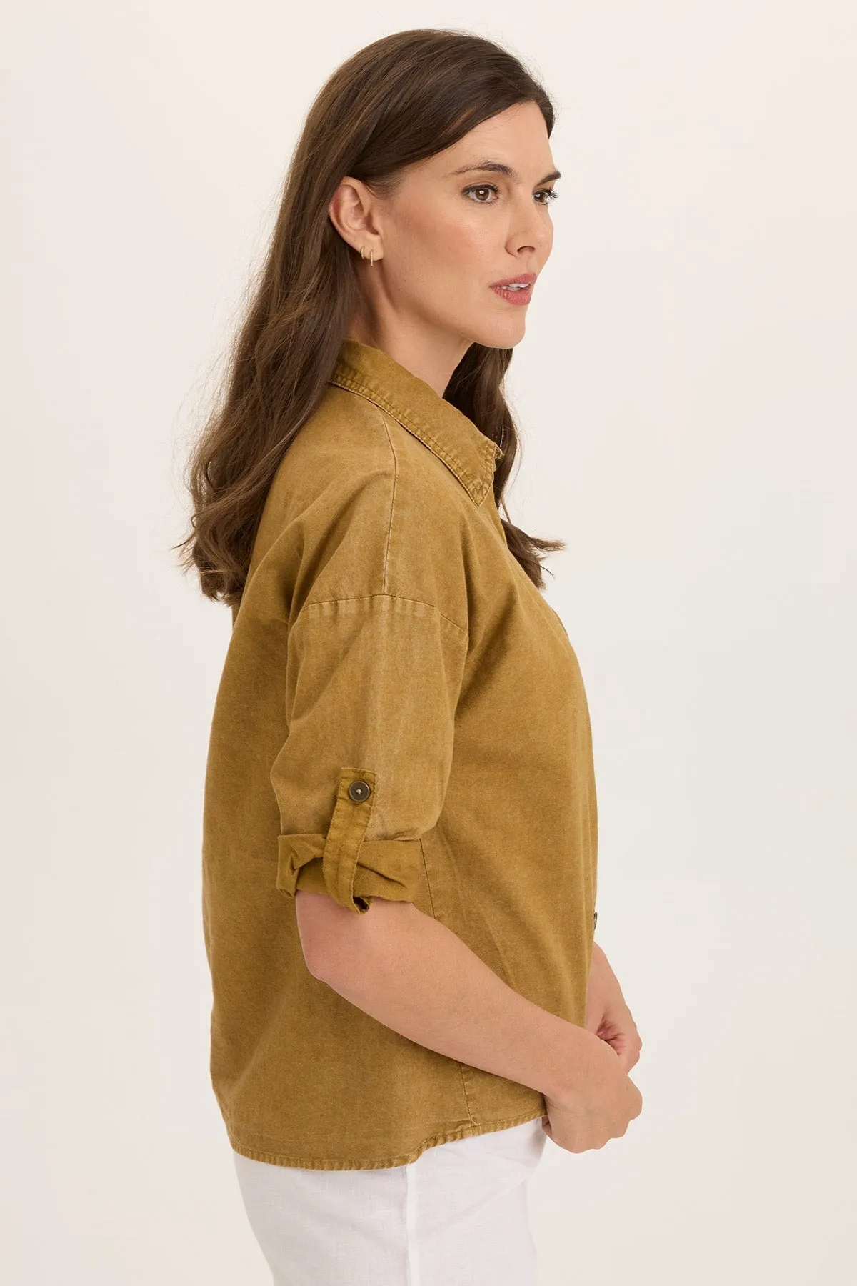 HiddenZipperClosure Carrie Linen 3/4-Sleeve Button-Up