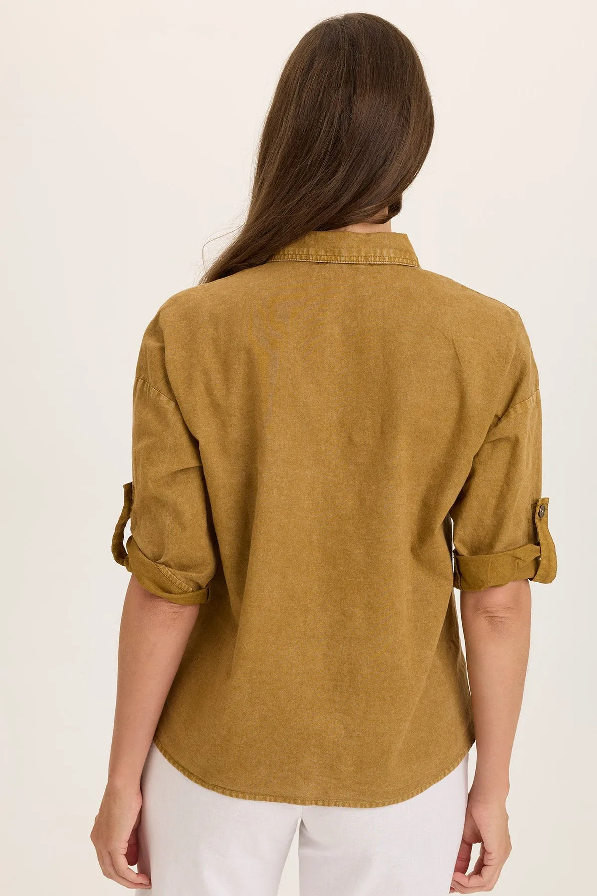 Carrie Linen 3/4-Sleeve Button-Up ElasticBinding Nature Base