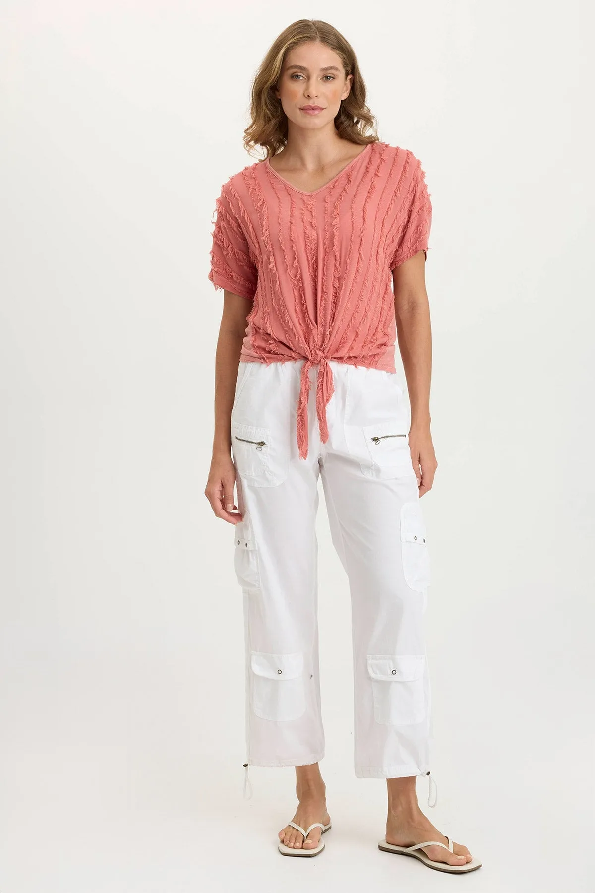 Chic Edge Curine Stripe Voile/Jersey Knotted V-Neck Top