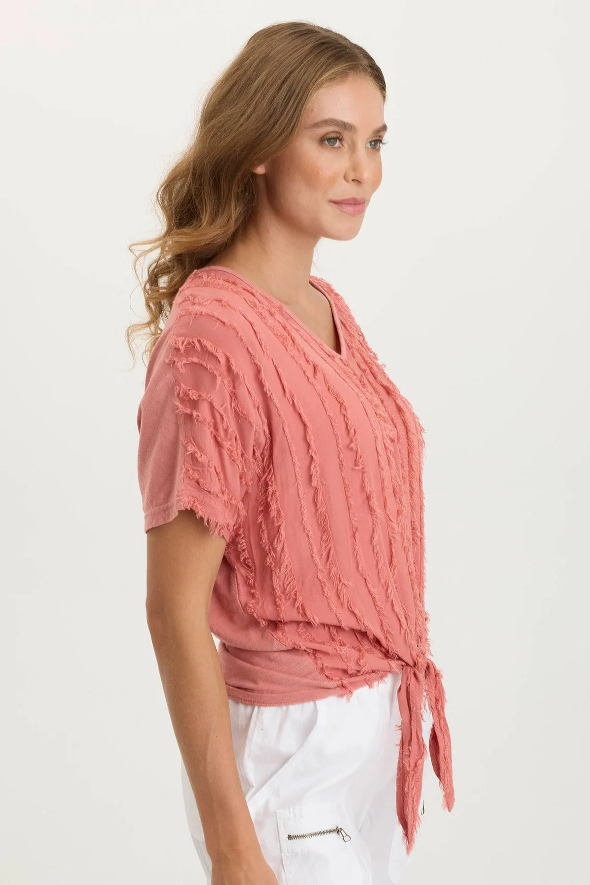 TumbleDry Safe Curine Stripe Voile/Jersey Knotted V-Neck Top