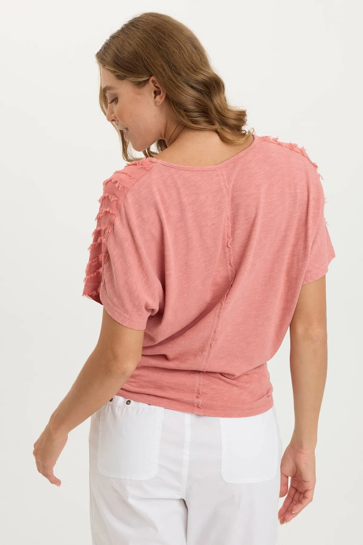 Curine Stripe Voile/Jersey Knotted V-Neck Top Flexible Fabric Blend Move Fast