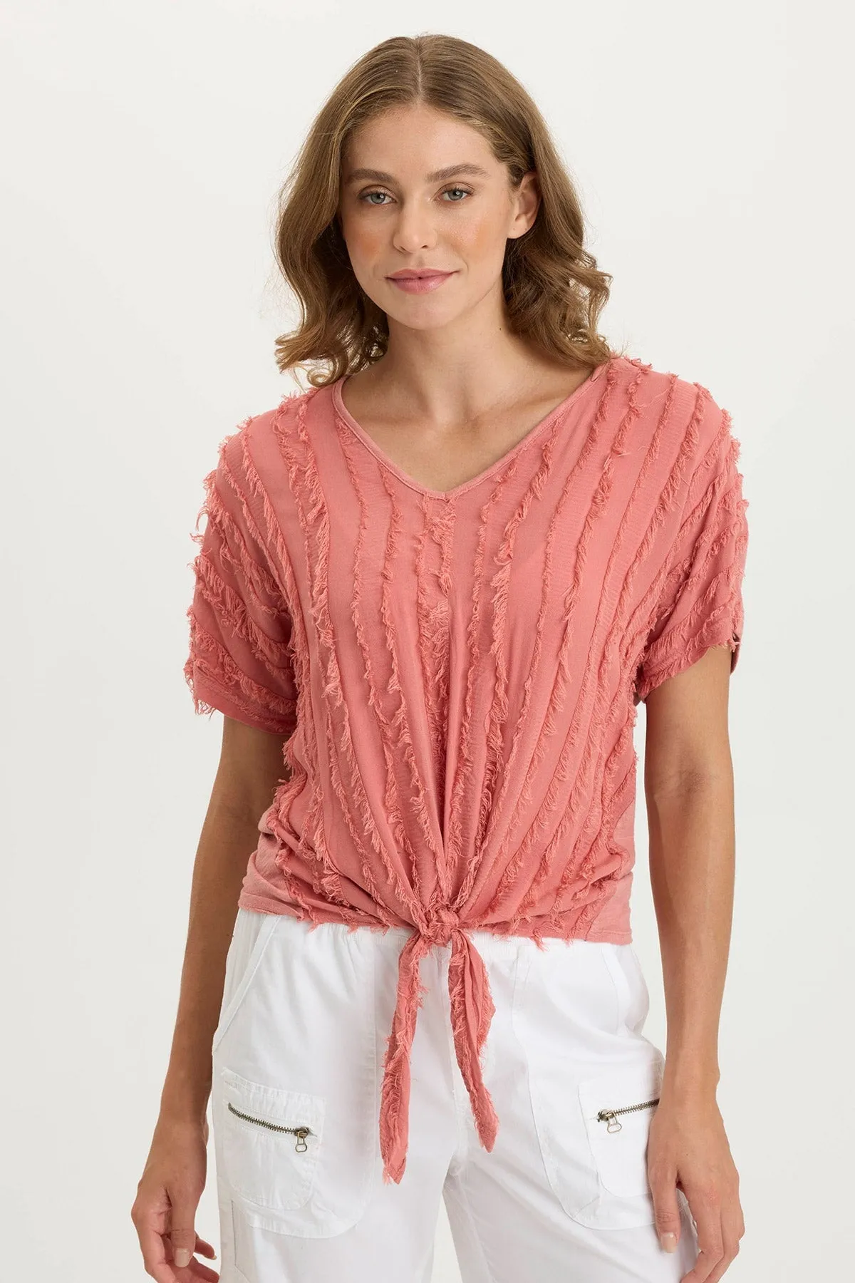 TemperatureRegulating ReflectiveTrimDetails Curine Stripe Voile/Jersey Knotted V-Neck Top
