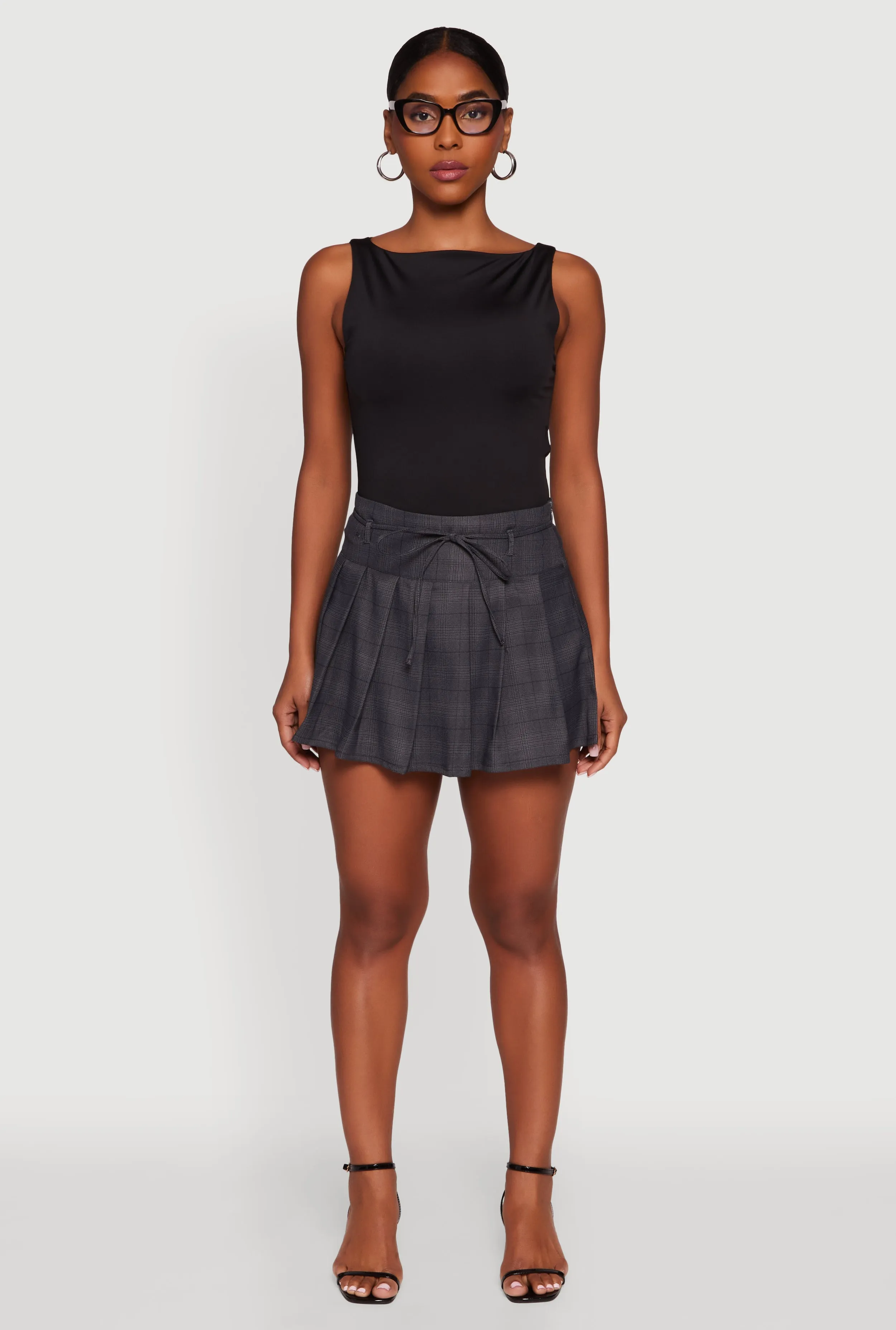 Maternity Friendly Tie Waist Belted Mini Plaid Pleated Skirt