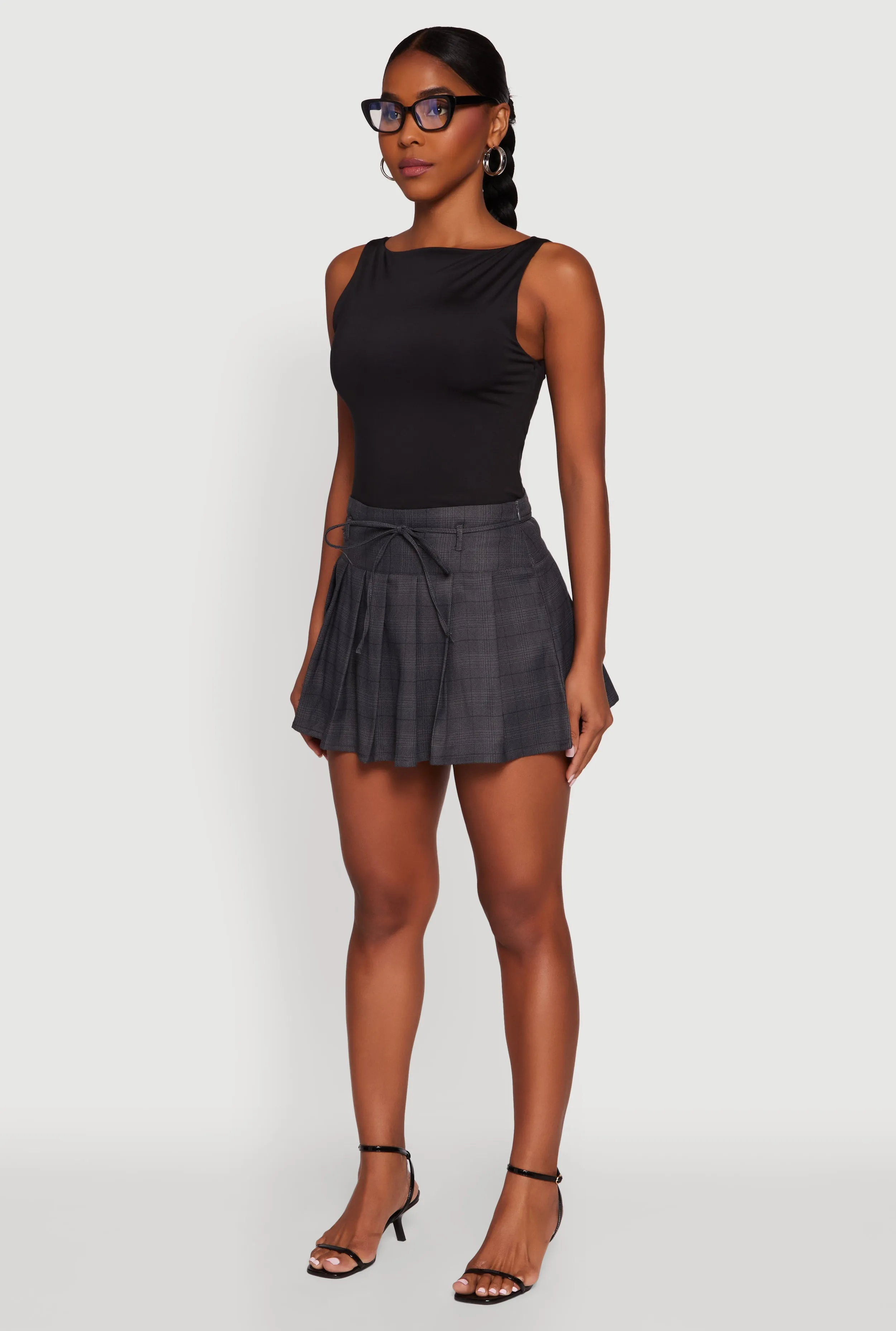 Day To Night Tie Waist Belted Mini Plaid Pleated Skirt