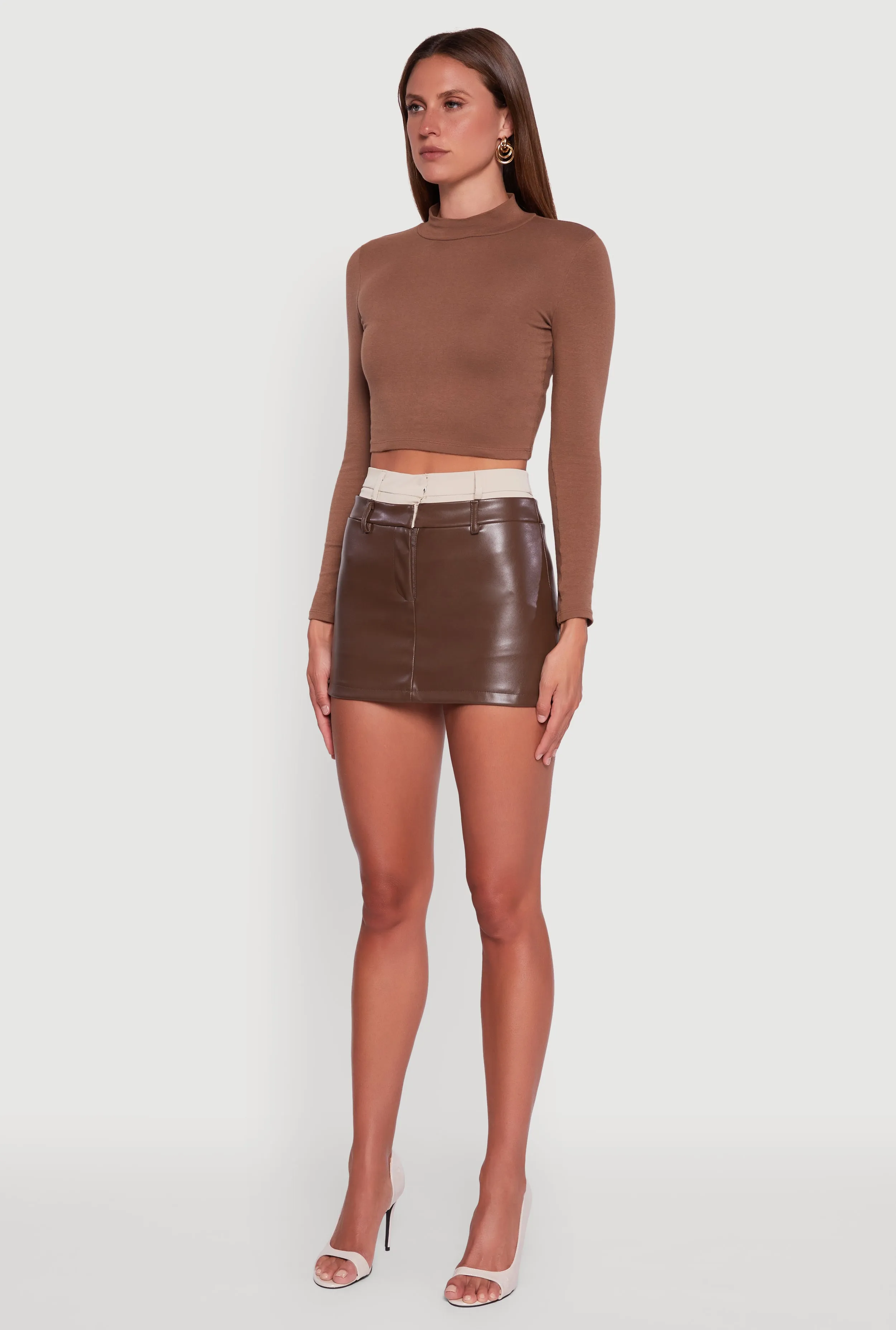 Modern Chic Calm Mood Two Toned High Waisted Faux Leather Mini Skirt