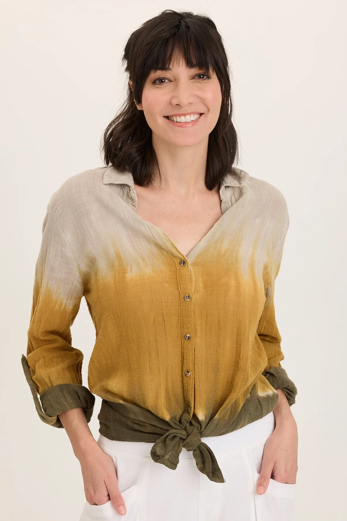 AntiFadeTechnology VentilatedMesh Porter Gauze Curved Hem Button-Up Top