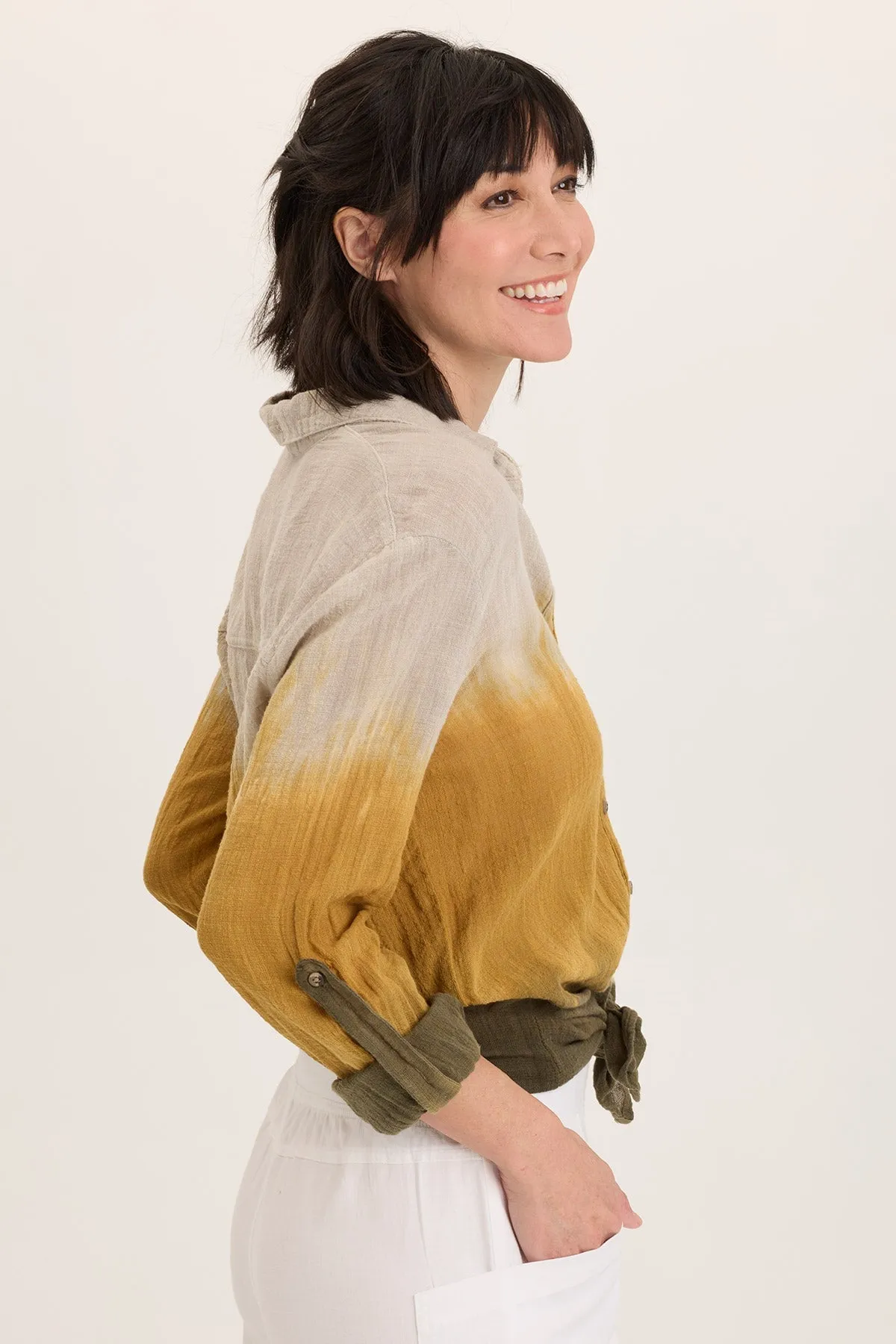 Recycled materials Porter Gauze Curved Hem Button-Up Top