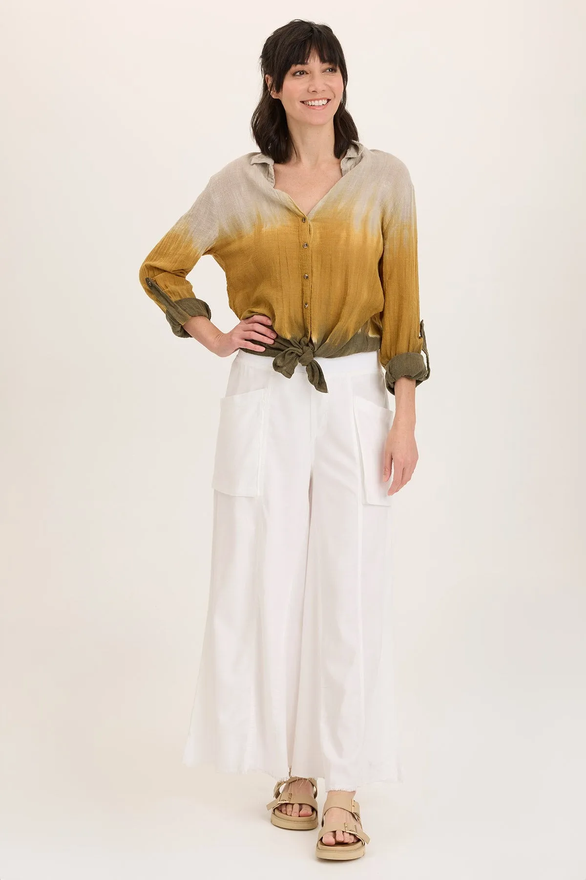 UltraSoft Texture Porter Gauze Curved Hem Button-Up Top