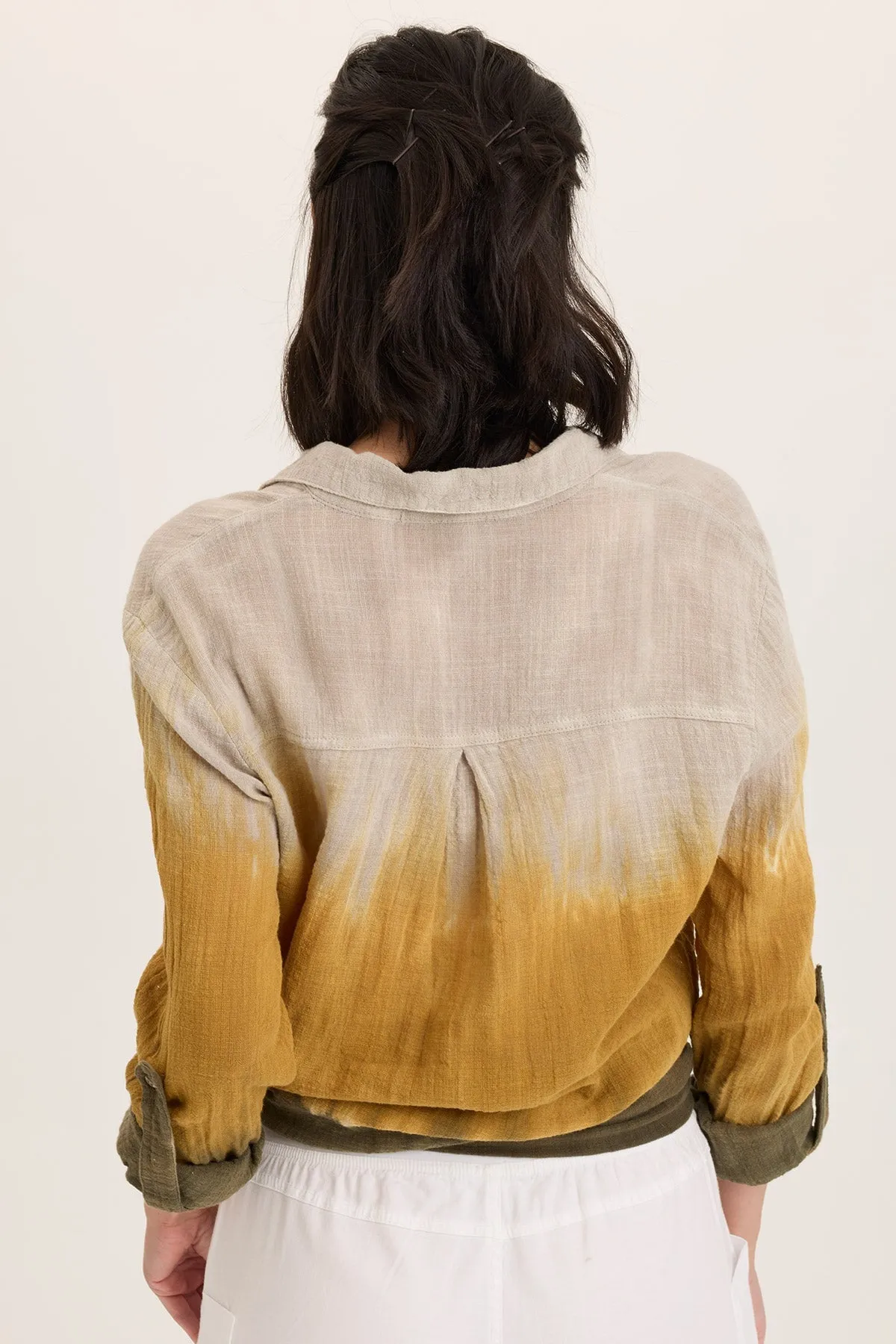 Porter Gauze Curved Hem Button-Up Top CompactPackableDesign