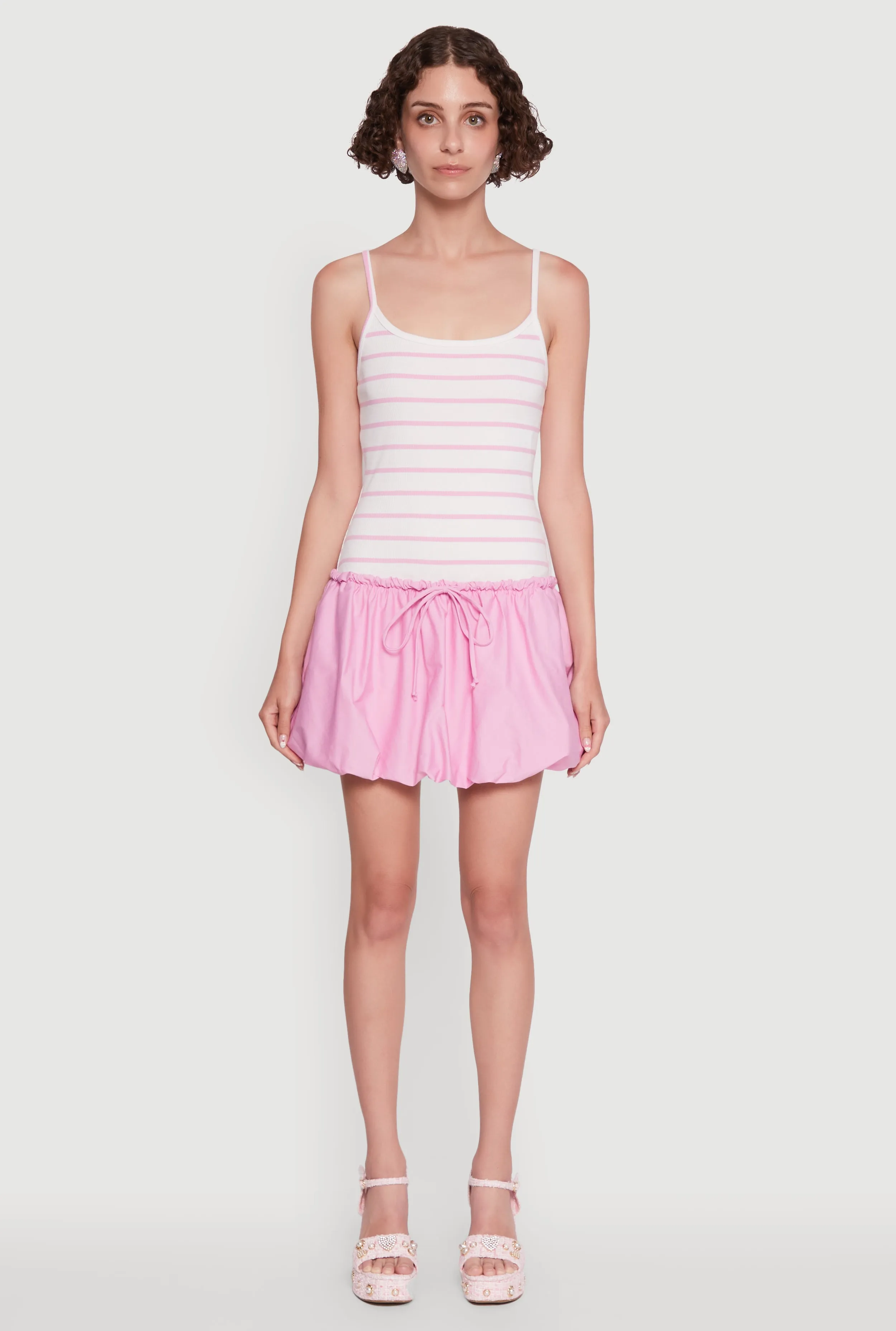 Ribbed Knit Striped Bubble Hem Mini Dress Sheer Panel Insertion