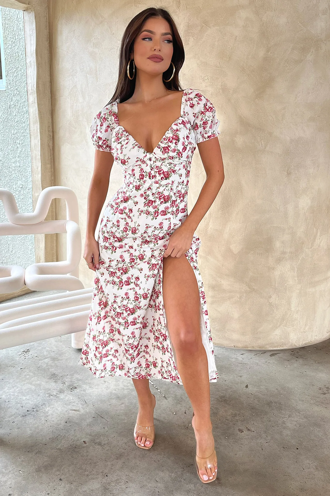 pack light Solem Midi Dress - White / Rose Floral