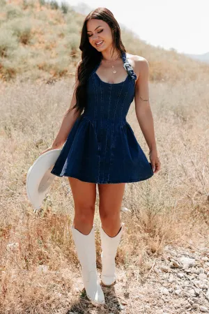 Pack Quick Charming Prints Fleeting Moments Denim Halter Mini Dress (Denim)