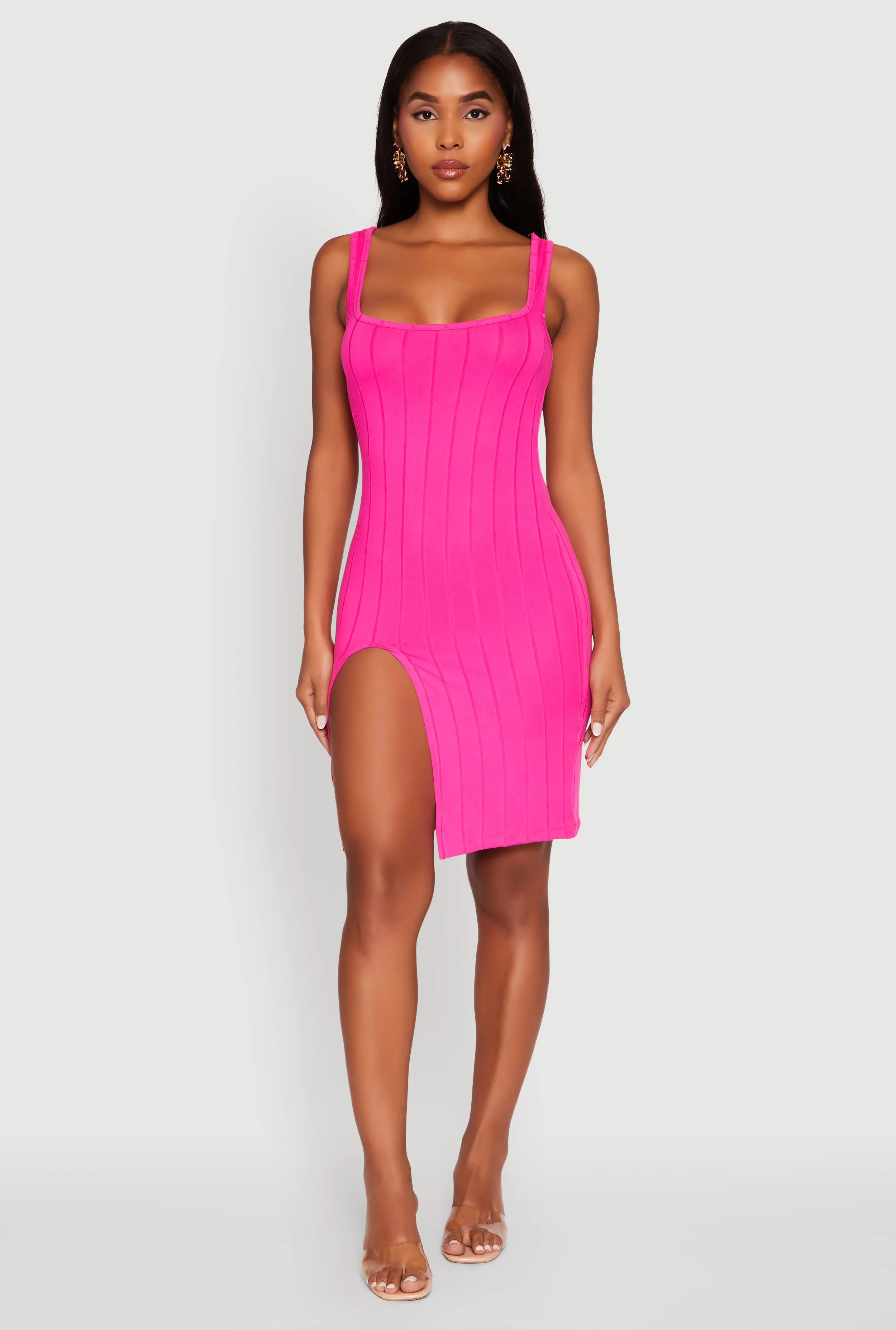 Vibrant Silhouette Stylish mini with ruffles Trendy Ribbed Knit Square Neck Sleeveless Dress