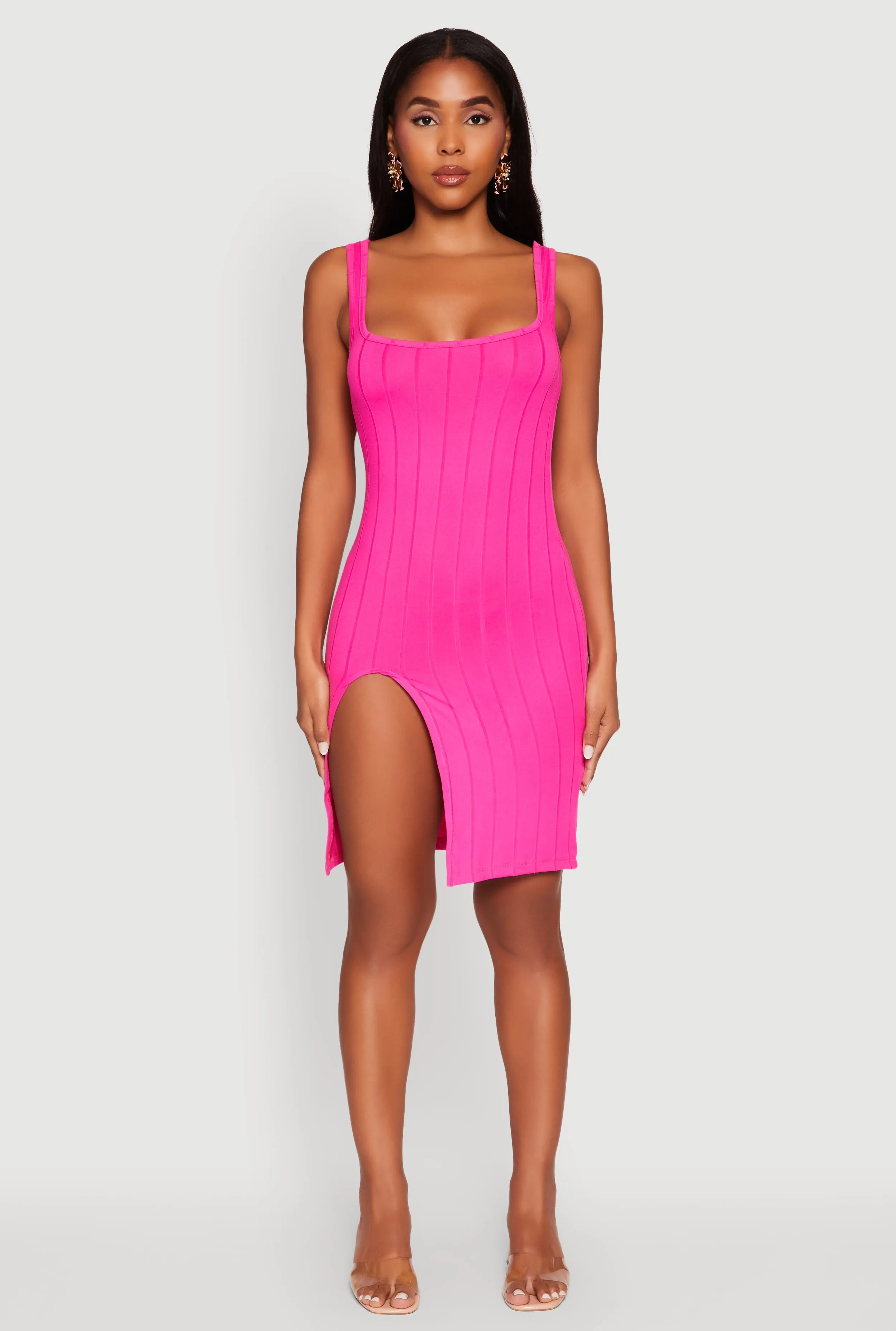 Trendy Ribbed Knit Square Neck Sleeveless Dress Layered Ruffle Accent Eye Candy