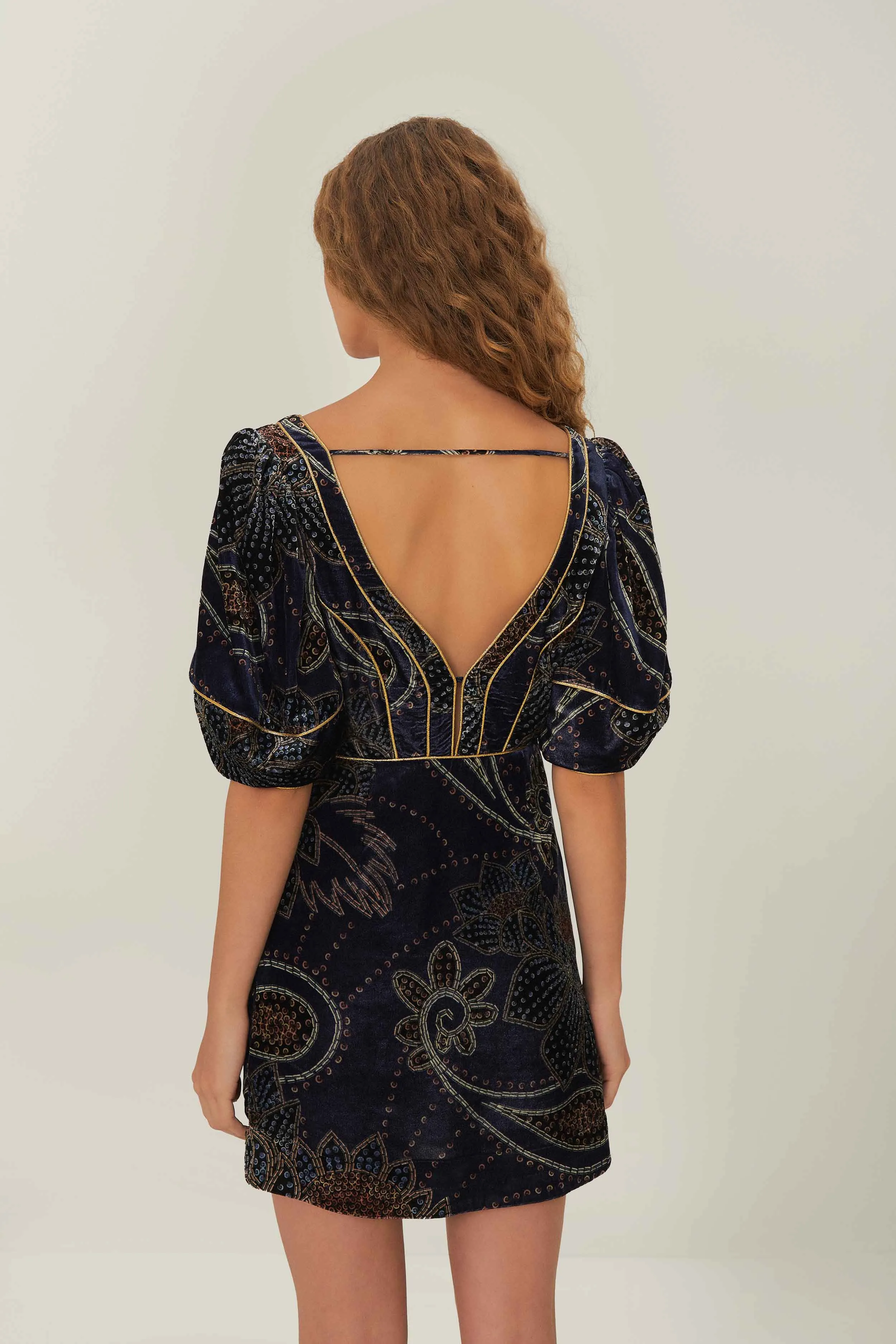 Blue Floral Glam Scarf Velvet Mini Dress Youthful Design Crop Cut