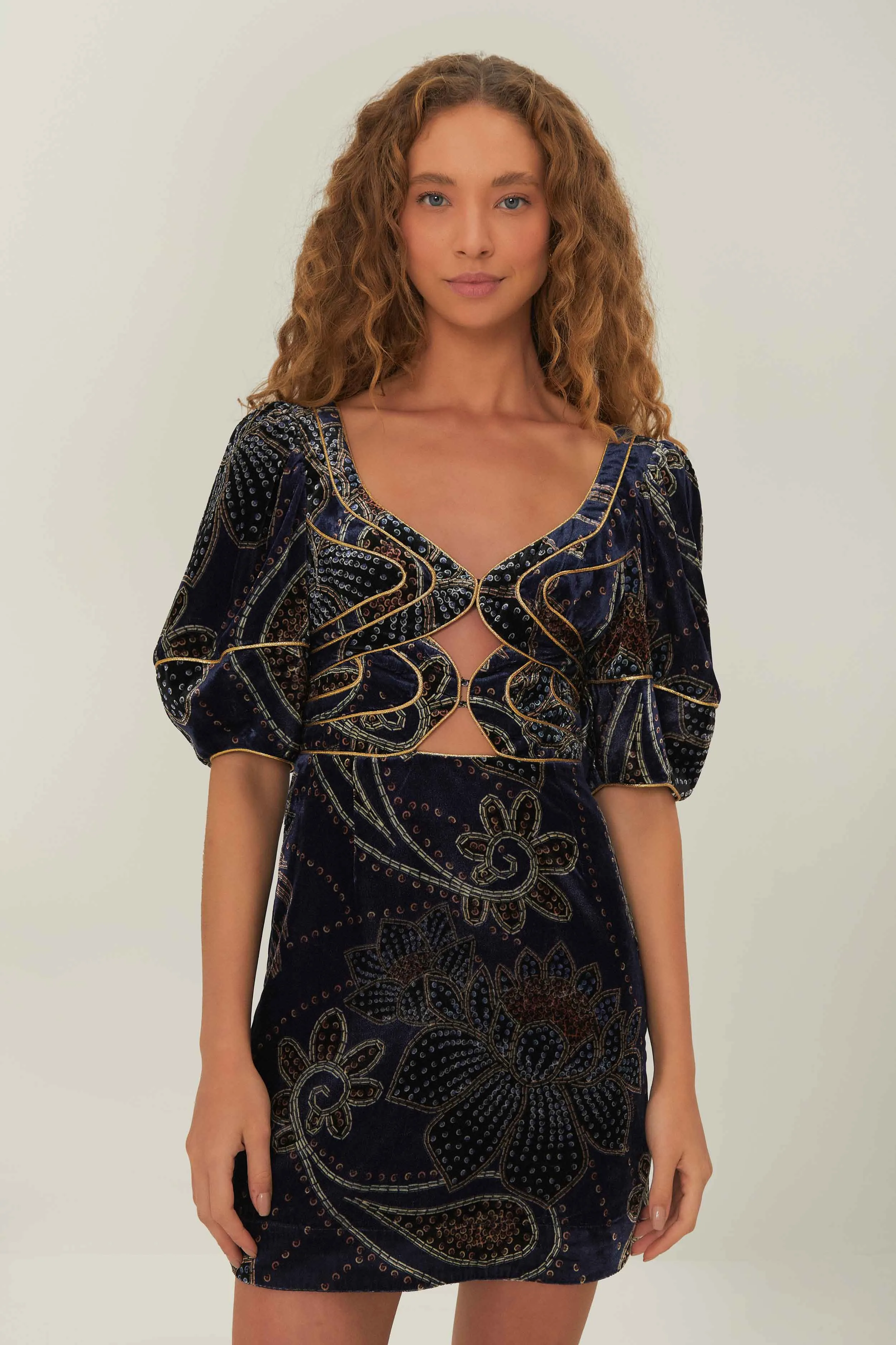 Blue Floral Glam Scarf Velvet Mini Dress All Day Wear Club Light