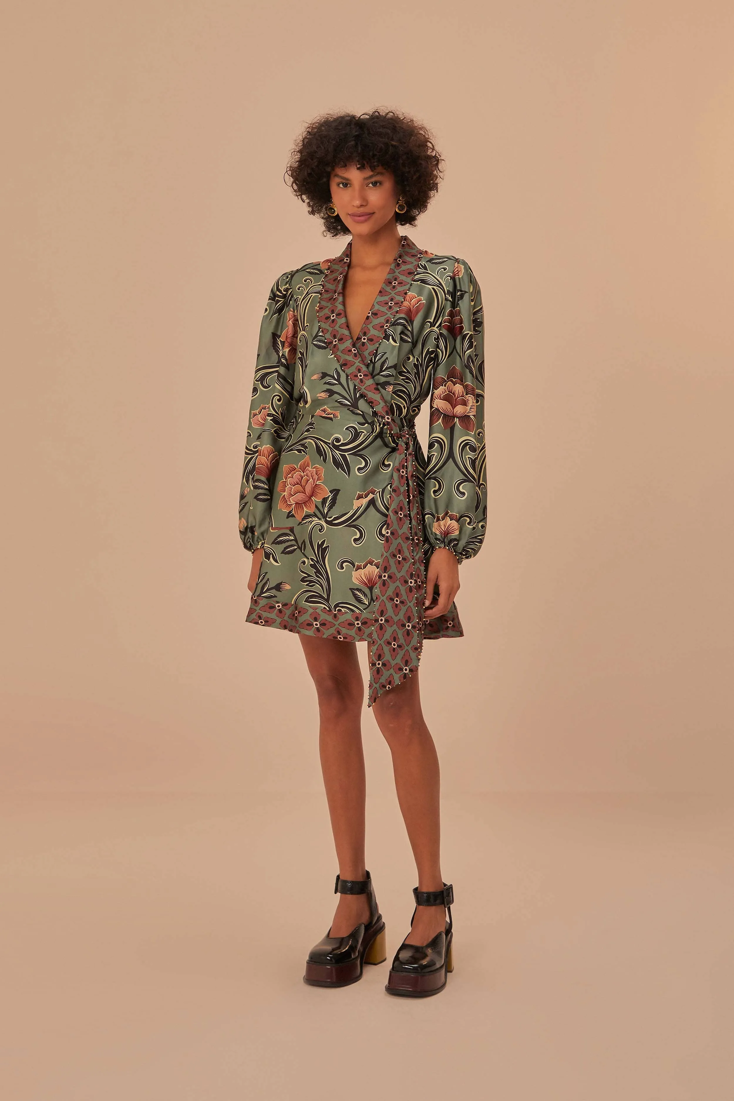 All Occasion Wear Magnetic Button Closure Arabesque Floral Green Long Sleeve Mini Dress