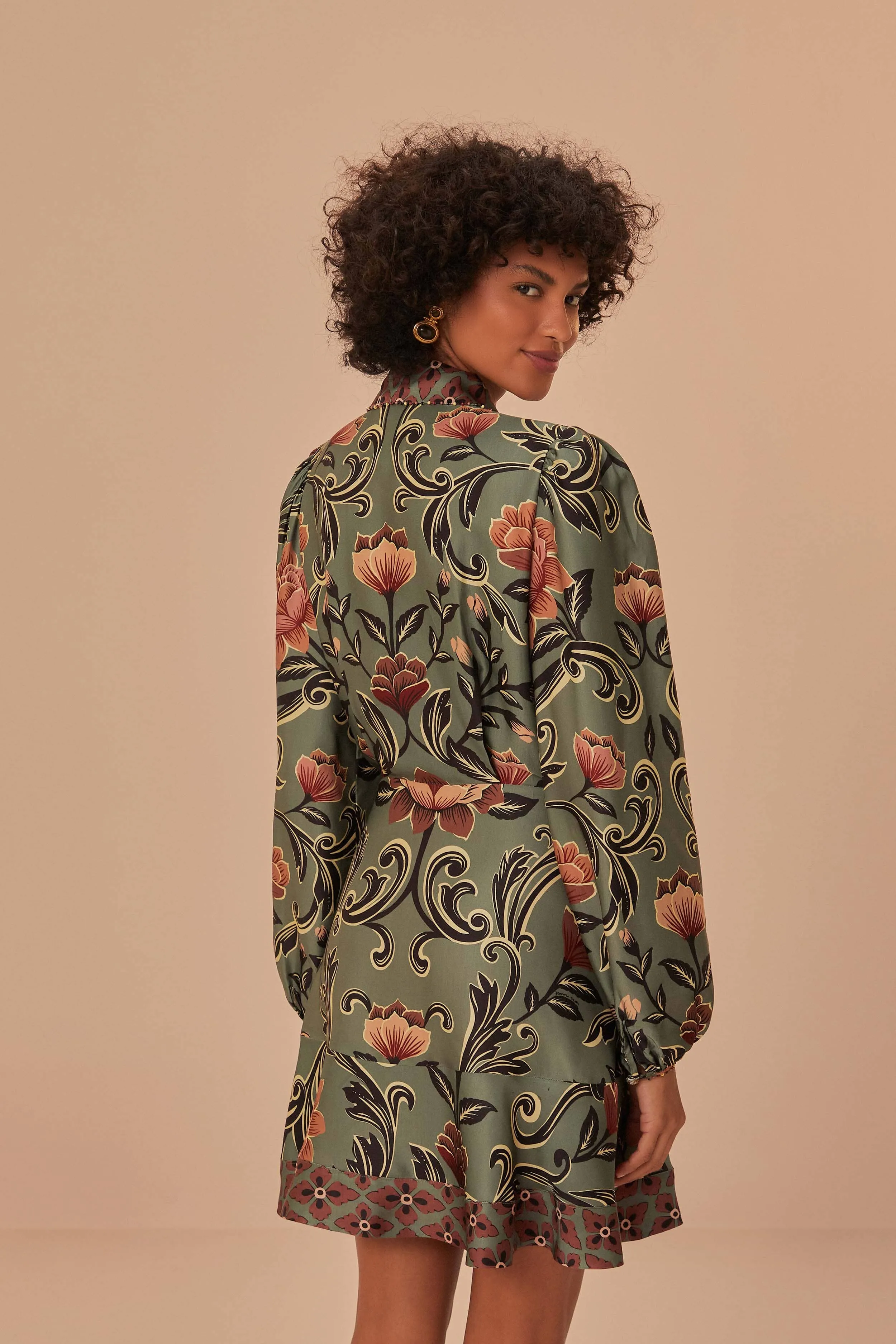 Charming Vibe Arabesque Floral Green Long Sleeve Mini Dress