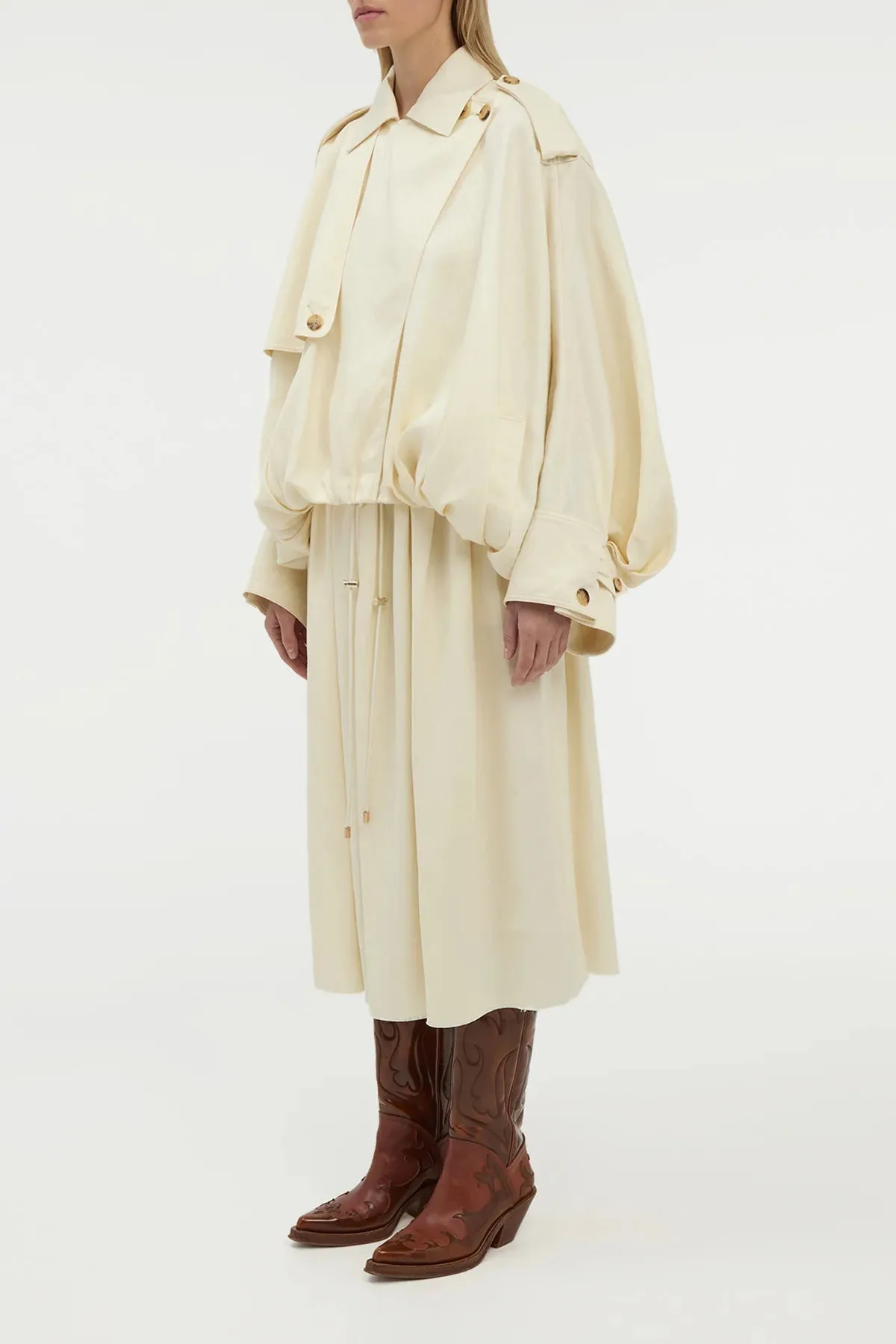 Chiara Pleated Midi Skirt in Ivory Textured Linen Fresh Energy