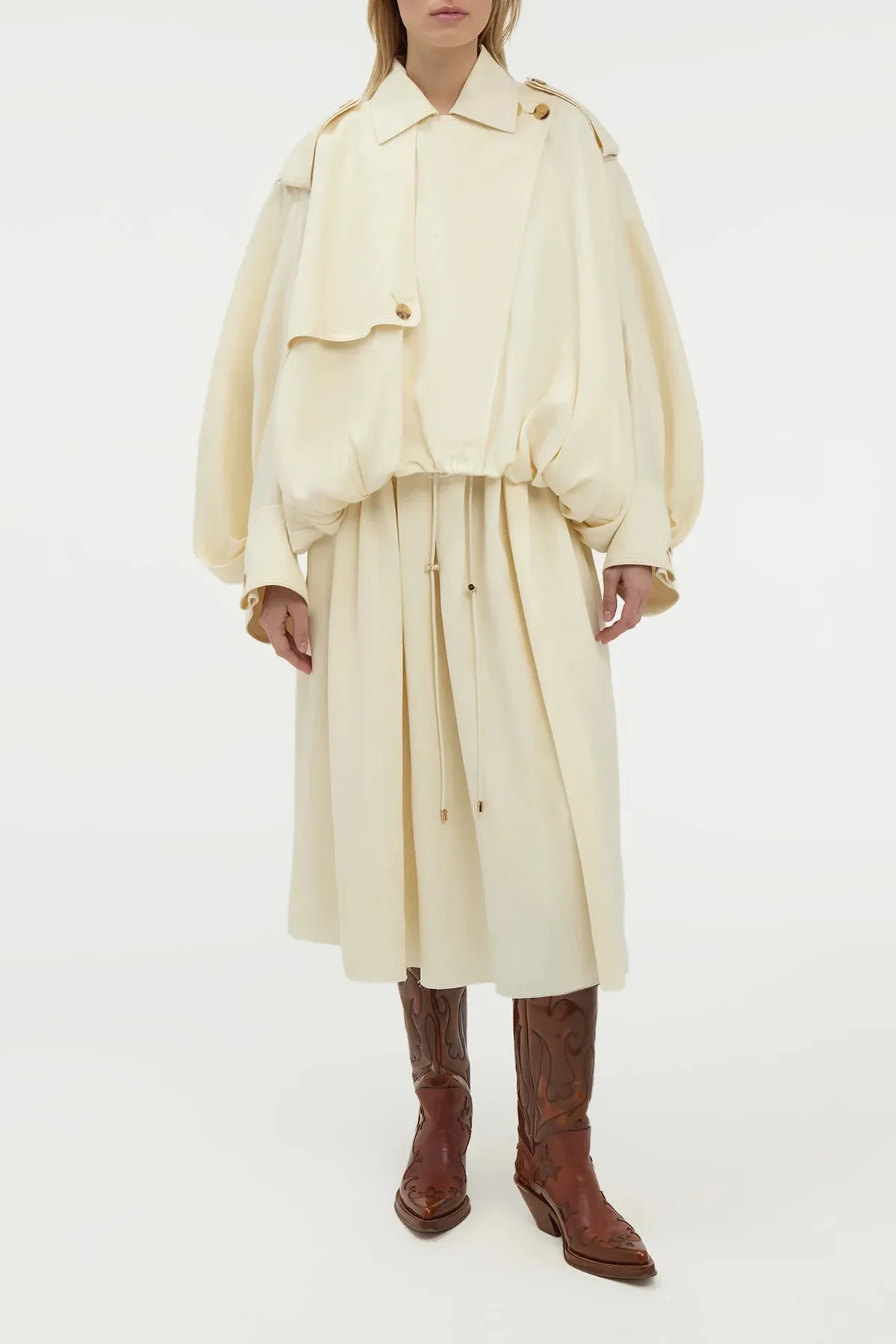 AbrasionResistant Fabric Chiara Pleated Midi Skirt in Ivory Textured Linen