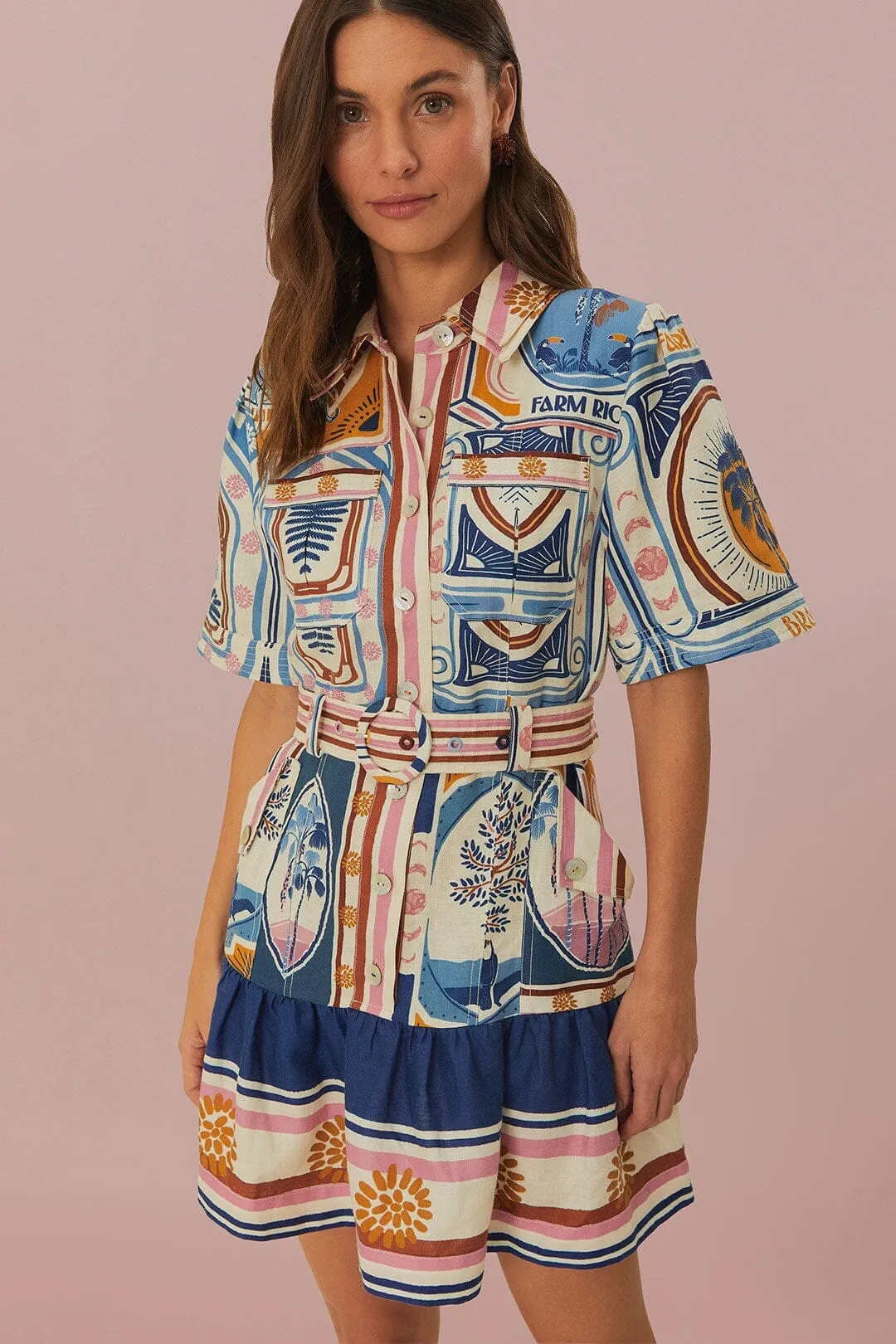 Cream Cerrado Stamps Short Sleeve Mini Dress Look Loud Versatile Layering