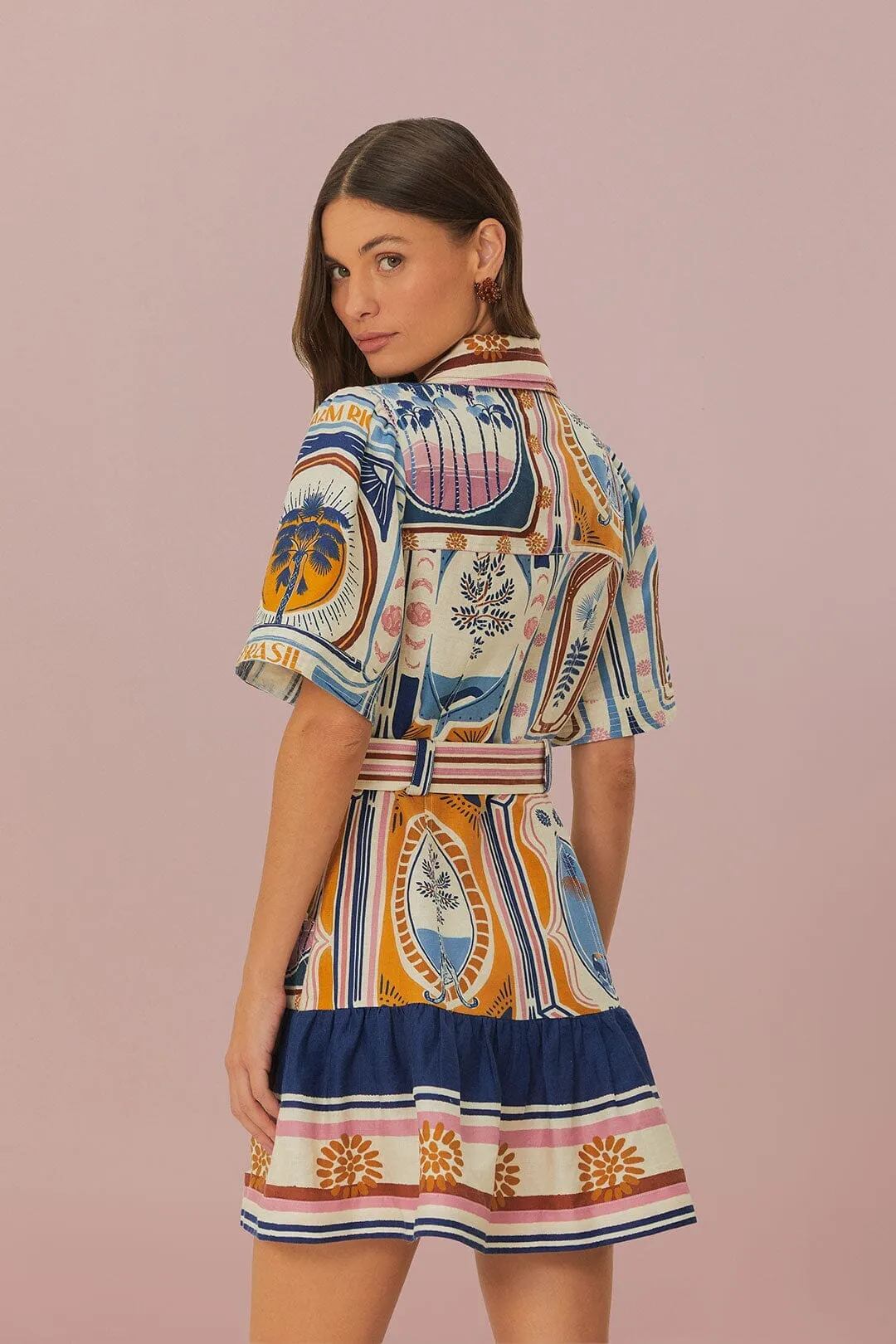Cream Cerrado Stamps Short Sleeve Mini Dress Scene Mood Foldable Design