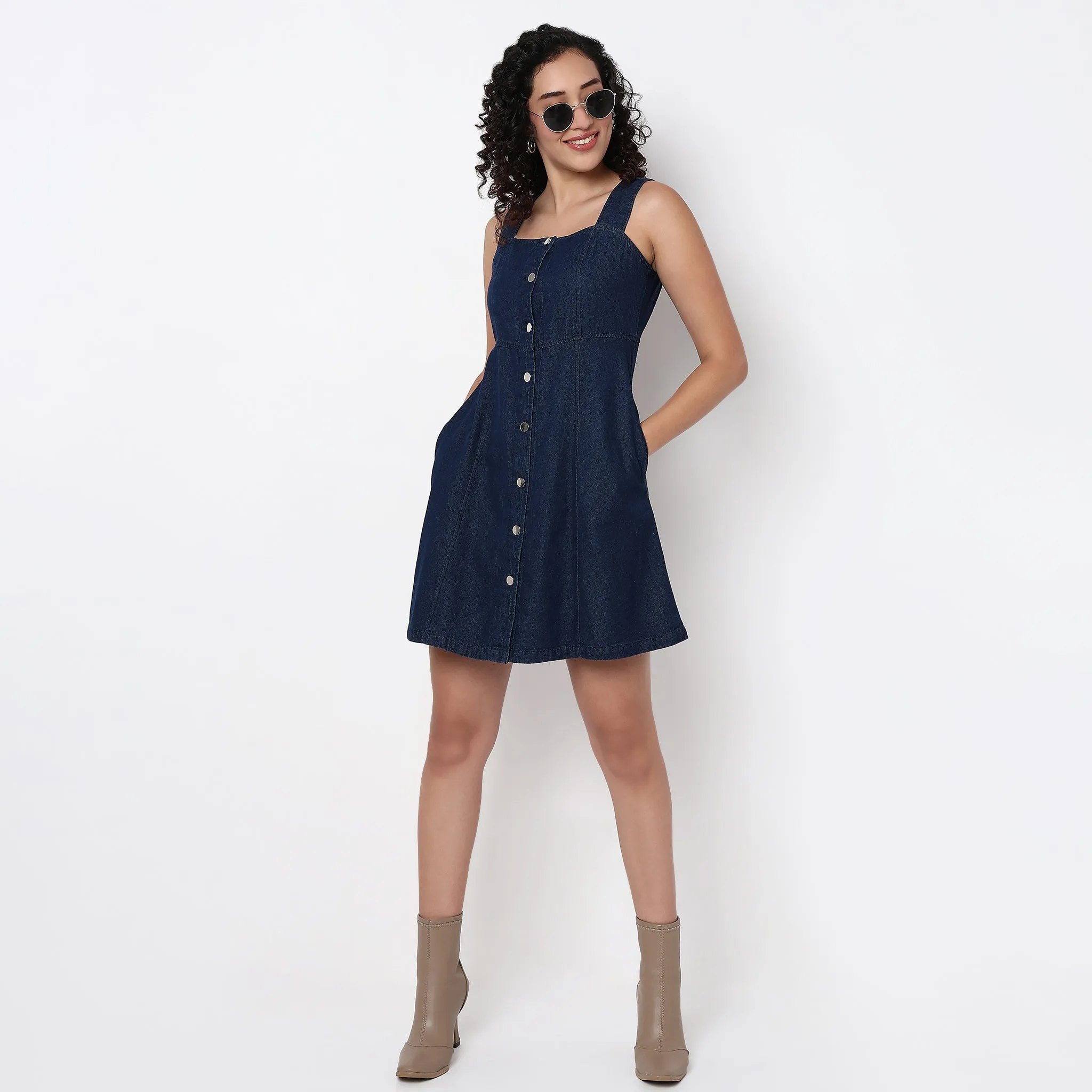 FrictionResistantFabric Indigo Denim  Dress With Button Look