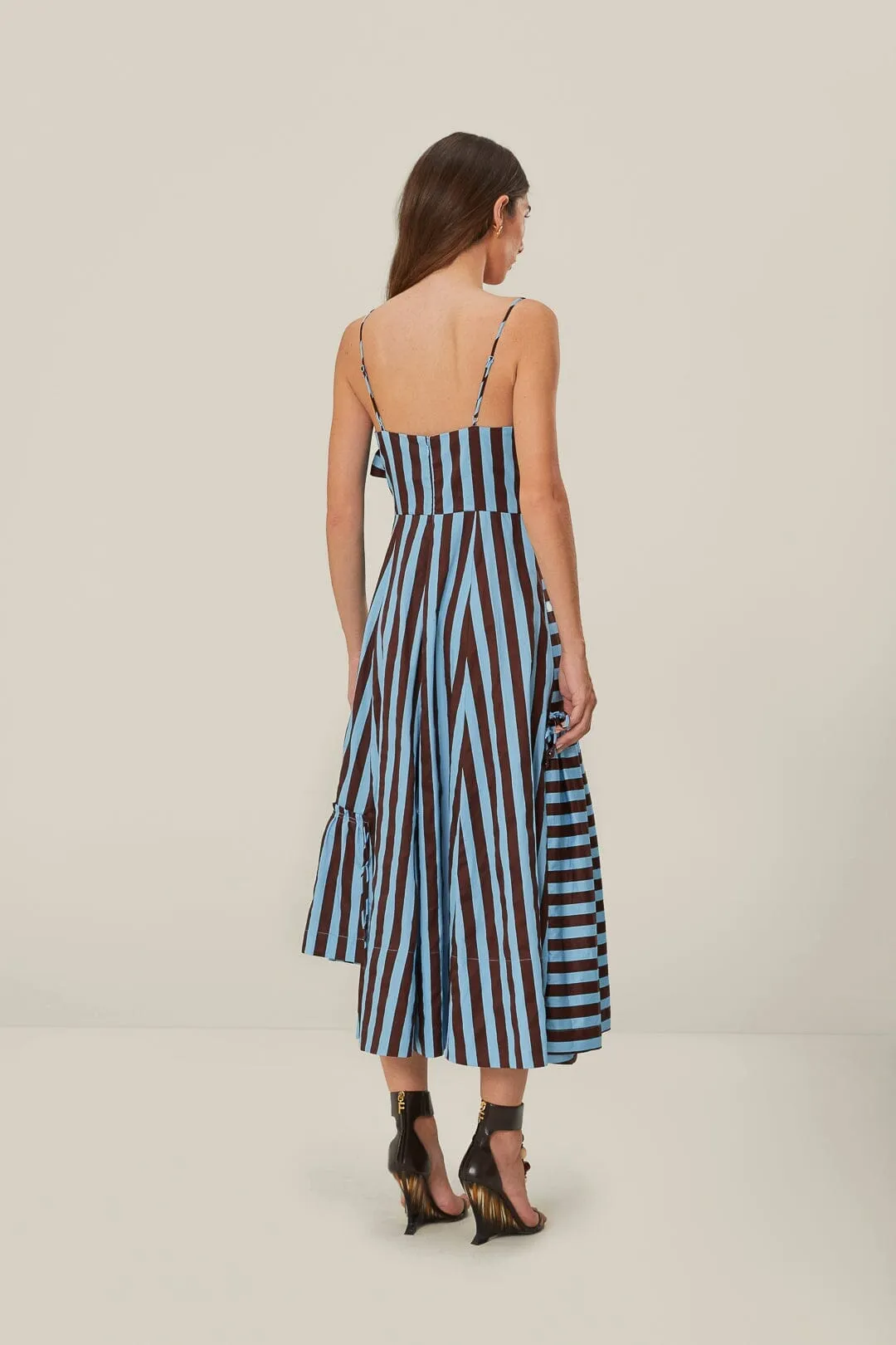 Brown and Blue Tropical Flight Stripes Organic Cotton Midi Dress Stylish options Day-To-Night Wear